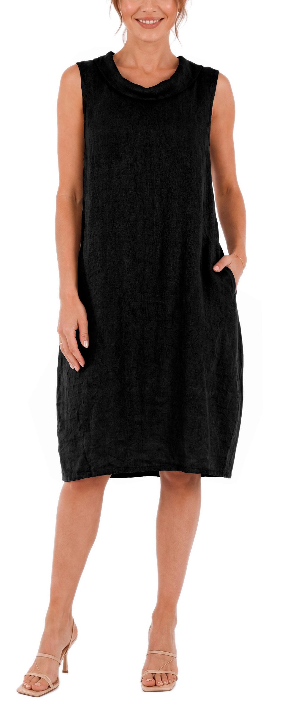 dy_mode Midikleid Damen Leinenkleid Luftiges Midi Sommerkleid Ballonkleid Strandkleid in Unifarbe, Wasserfallkragen, mit seitlichen Eingriffstaschen