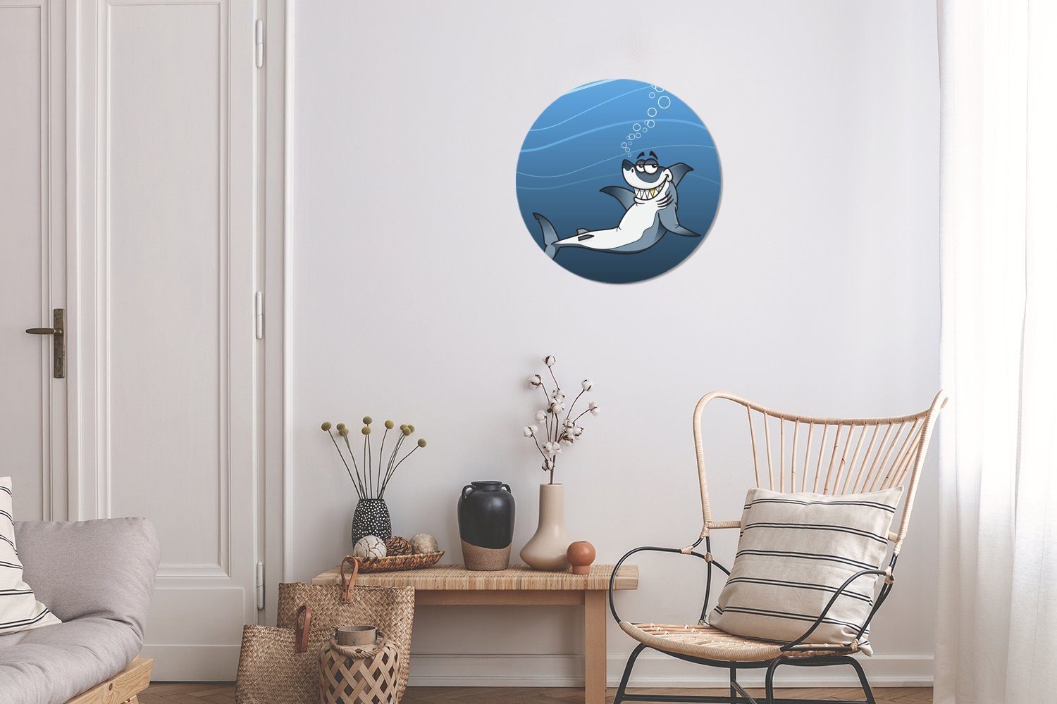 MuchoWow Wandsticker Eine Illustration Rund, lachenden Hais (1 Meer für Tapetenkreis Wohnzimmer im St), eines Kinderzimmer, weißen Tapetenaufkleber
