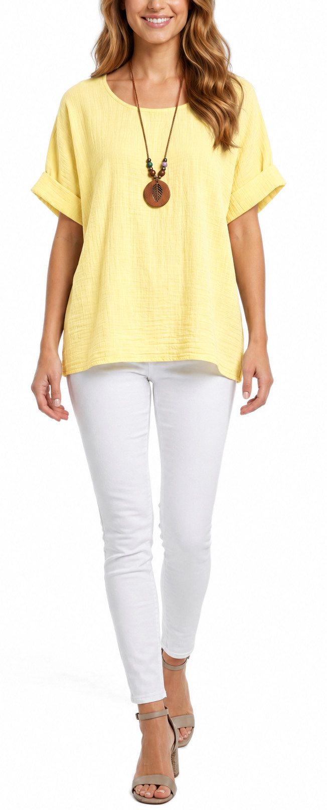 dy_mode Kurzarmbluse Damen Kurzarm Bluse Leichte Sommer Tunika Baumwollbluse Oberteil in Unifarbe, mit passende Kette