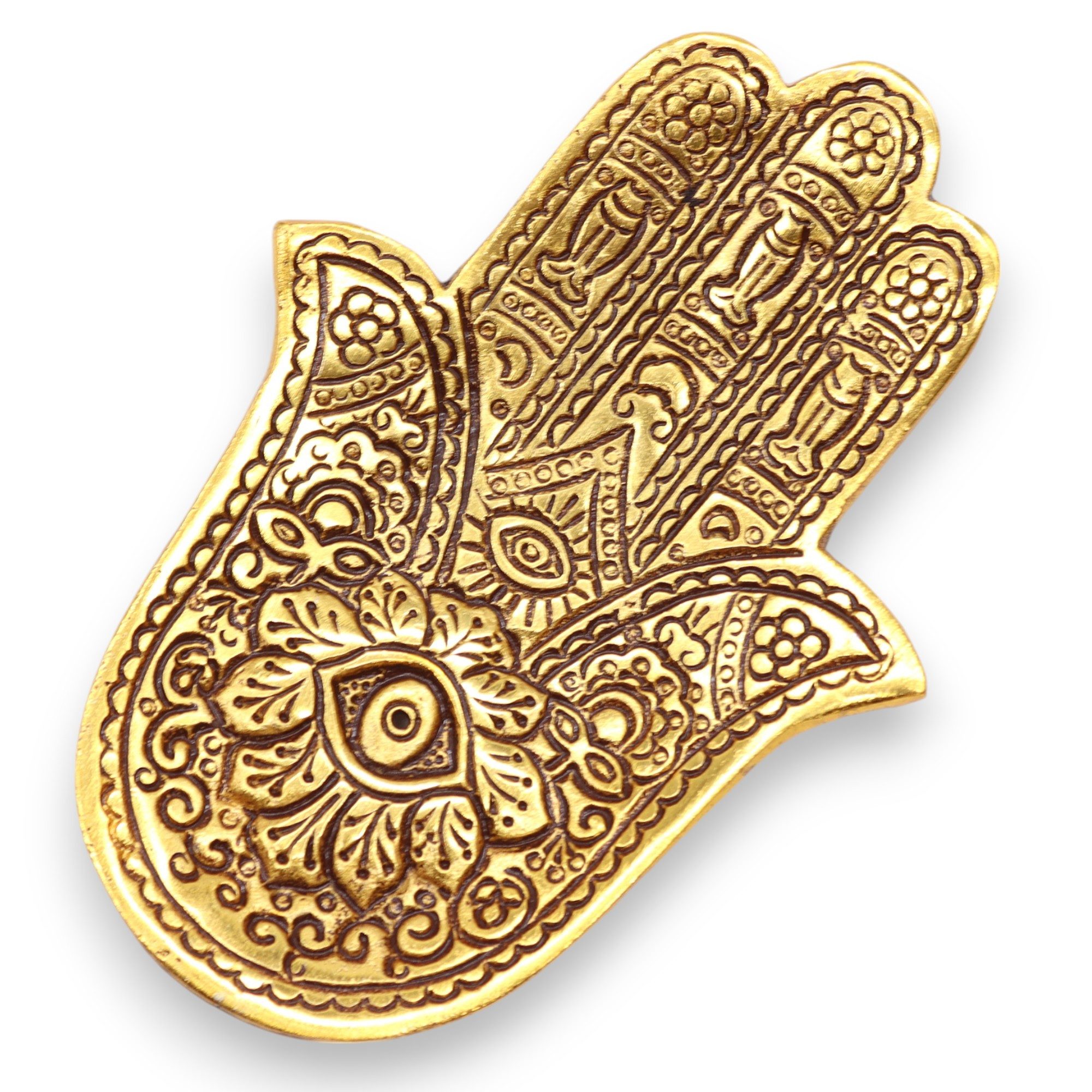 Bali-Homedecor Räucherschale Kleiner Hamsa-Räucherstäbchenhalter aus goldenem Aluminium 13x5.5cm