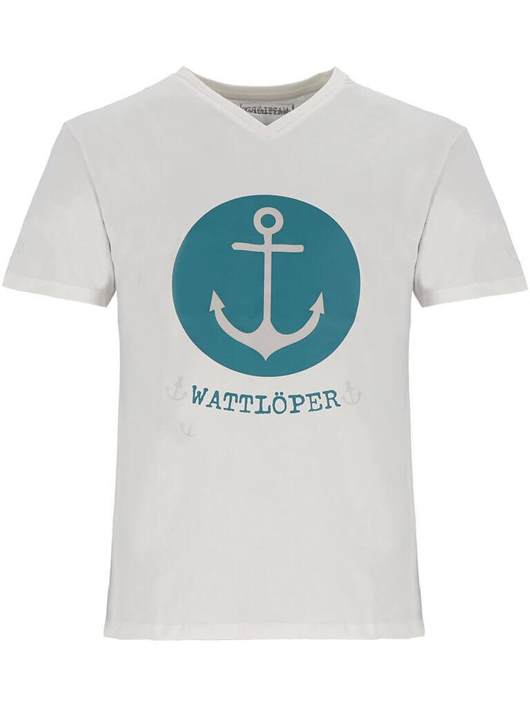 Wattlöper T-Shirt 11371 Herren Kurzarm-Shirt Anker-Prägedruck Kreis-Print & Schriftzug Sommershirt & Freizeitshirt mit V-Ausschnitt - hochwertige Details