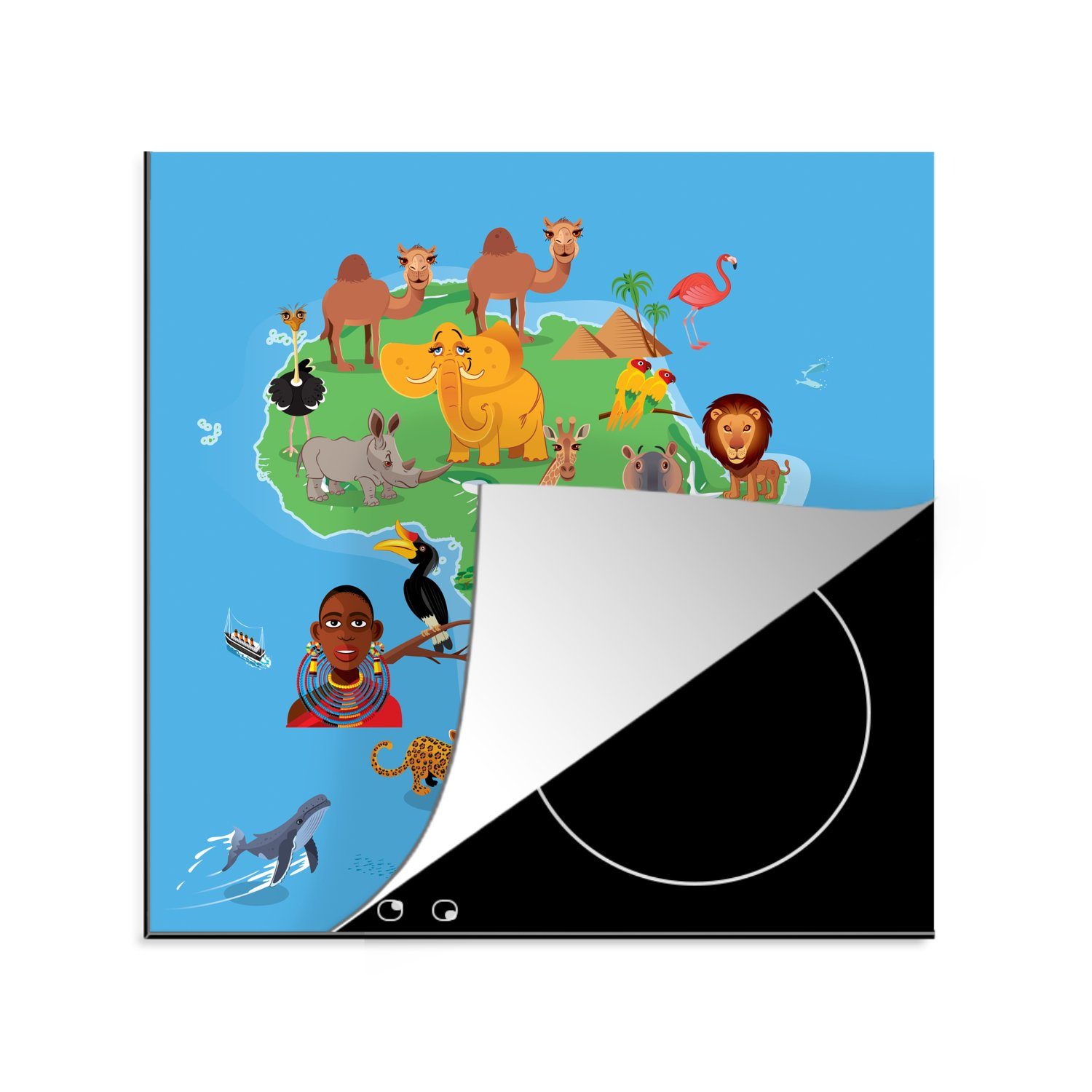 MuchoWow Herdblende-/Abdeckplatte Eine Illustration einer Karte von Afrika mit den Big Five, Vinyl, (1 tlg), 78x78 cm, Ceranfeldabdeckung, Arbeitsplatte für küche
