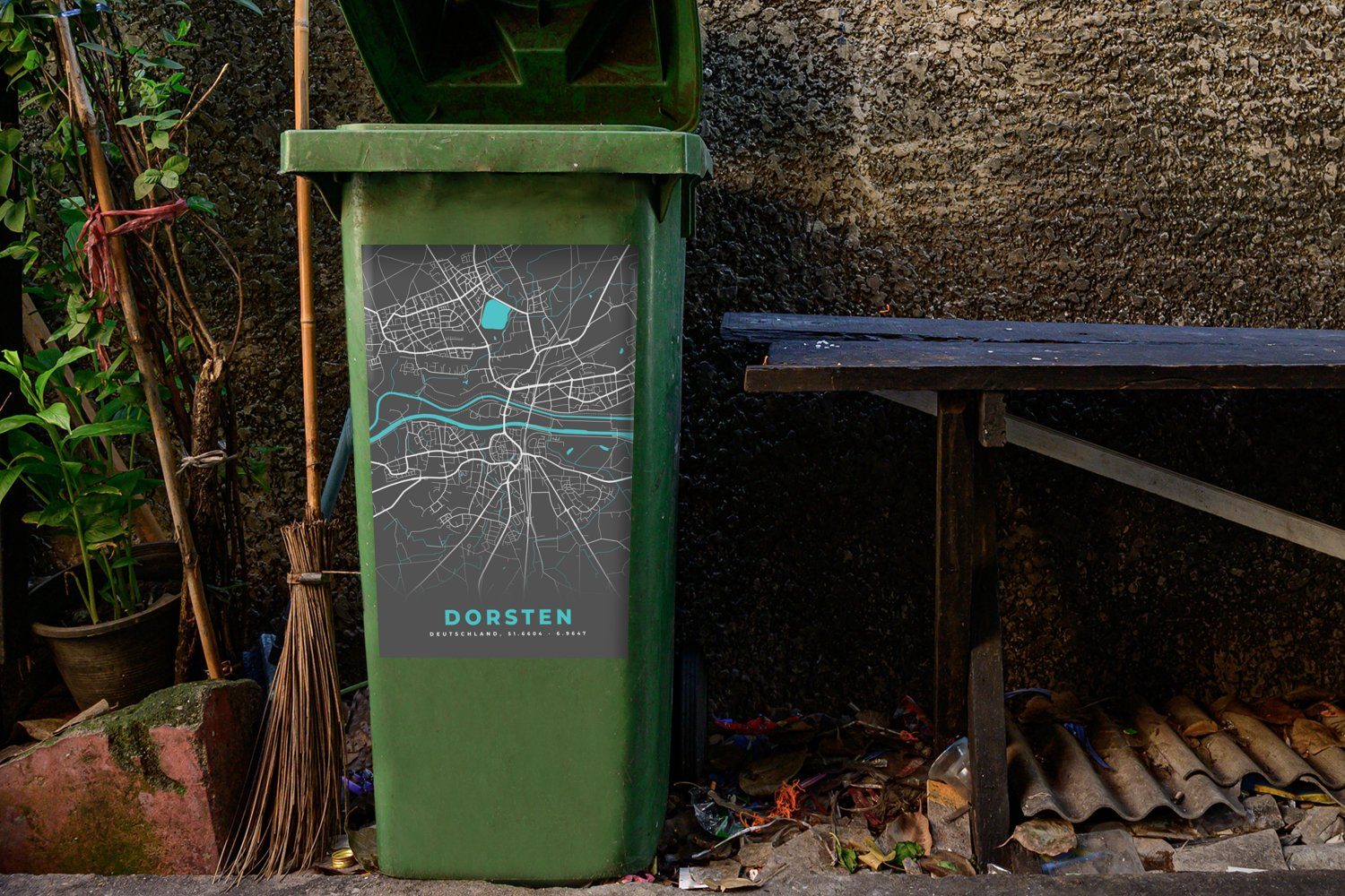 MuchoWow Wandsticker Blau Mülleimer-aufkleber, Sticker, Karte - Stadtplan Container, - Abfalbehälter - - Deutschland Dorsten St), Mülltonne, (1