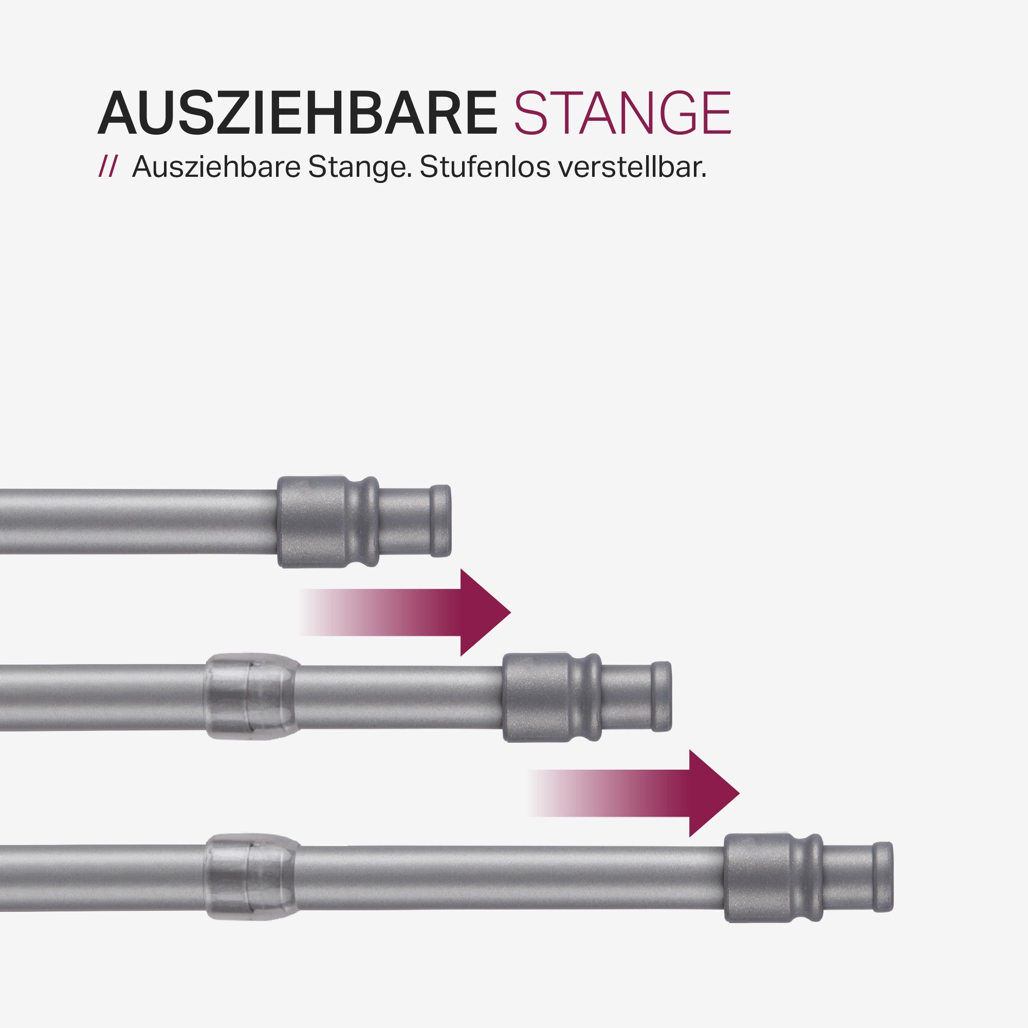 Edelstahl, Klemmfix, Cafehausstange Cafehausstangen schrauben, Ø 12 geschraubt, inkl. Klemmstange Klemmträger 225cm Silber Gardinenstange ausziehbar, - kleben ausziehbar Klemmträger zum / und Bestlivings, 50 12, Träger geklebt, geklemmt, mm,