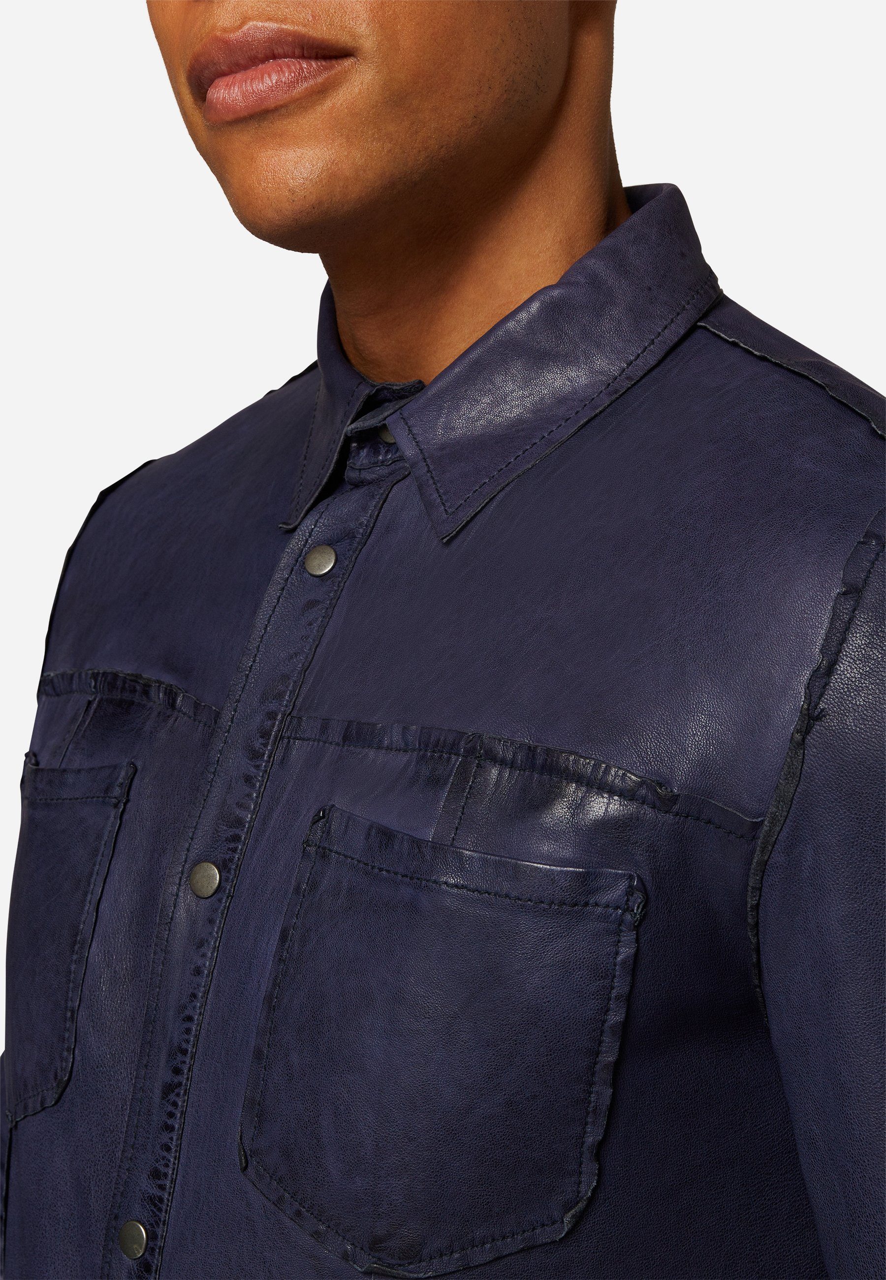 - Beidseitig Wendbar Hochwertiges Lamm Leder, 2-in-1-Langarmshirt tragbar Blau RICANO Shirt Navy Reverse