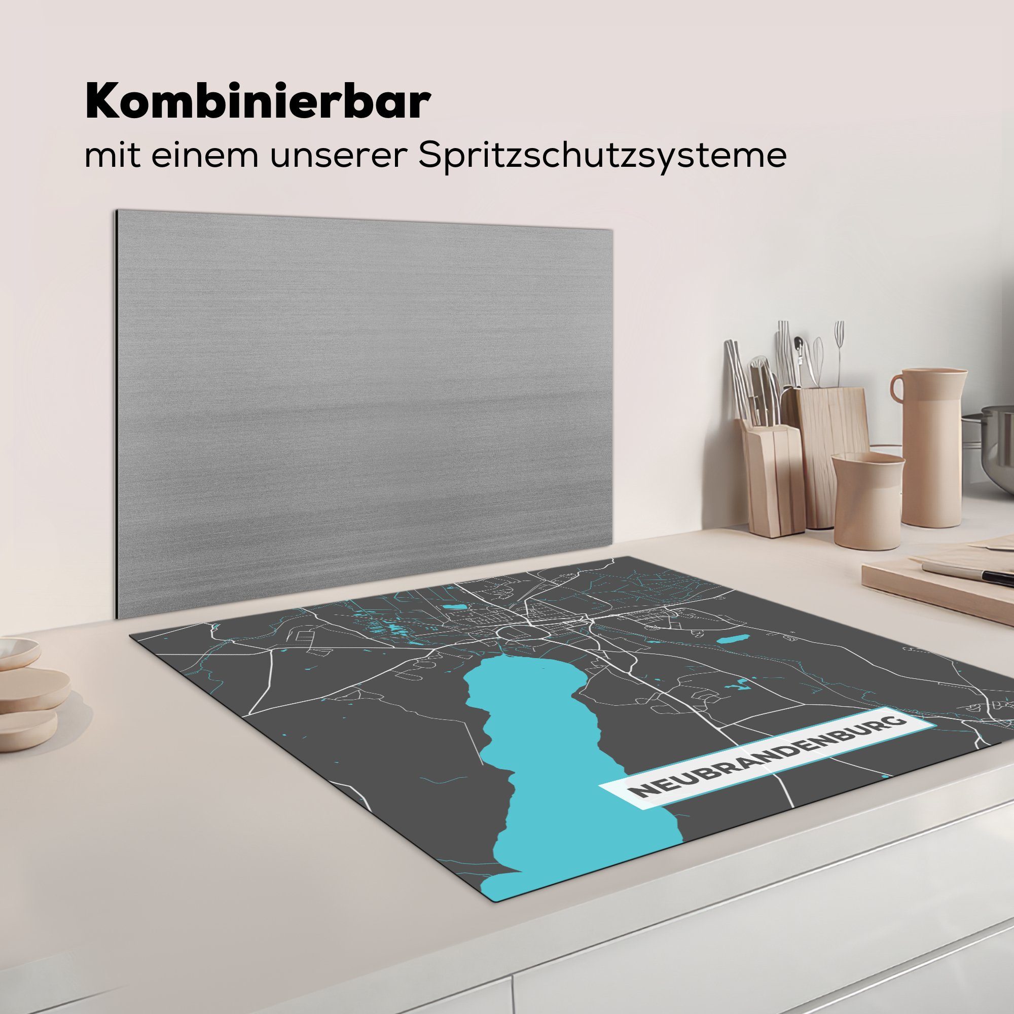 Herdblende-/Abdeckplatte - Arbeitsplatte Neubrandenburg, tlg), - für Blau Ceranfeldabdeckung, Deutschland (1 Vinyl, Stadtplan Karte cm, - 78x78 - küche MuchoWow