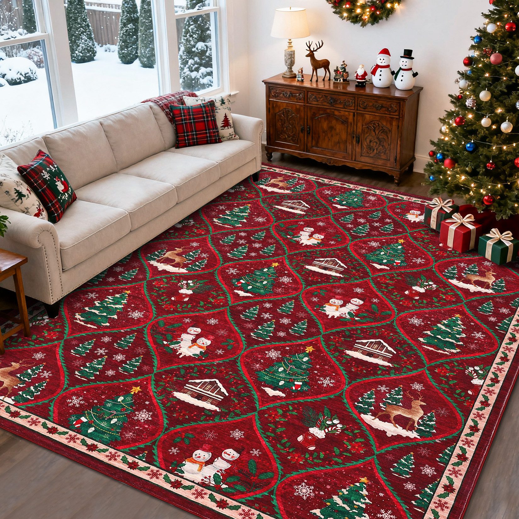 GarveeMore Teppich Festlicher Roter Weihnachtsteppich mit Schneemann & Tannenbaum, Höhe: 5 mm