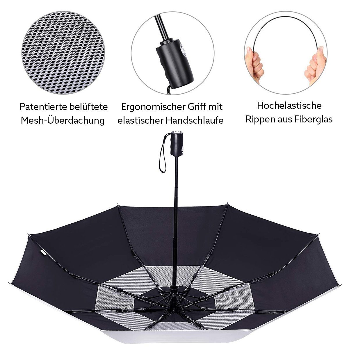 G4Free Taschenregenschirm, UPF 50+ Regenschirm Auf-Zu-Automatik Silber-Schwarz mit