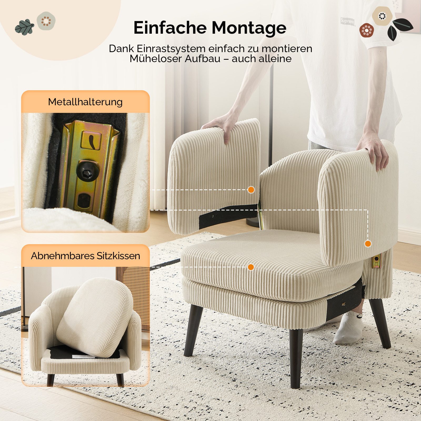 VINGLI Ohrensessel Cocktailsessel aus Cord, Moderner Loungesessel für Wohnzimmer, Holzbeine, Abnehmbares Sitzkissen & Armlehnen – Bild 4 von 5