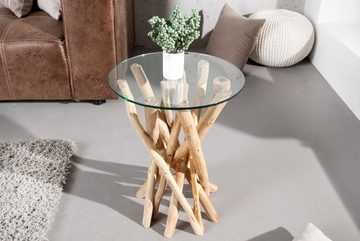 riess-ambiente Beistelltisch DRIFTWOOD 35cm natur / transparent, Massivholz · mit Glasplatte · rund · Handarbeit · Teakholz