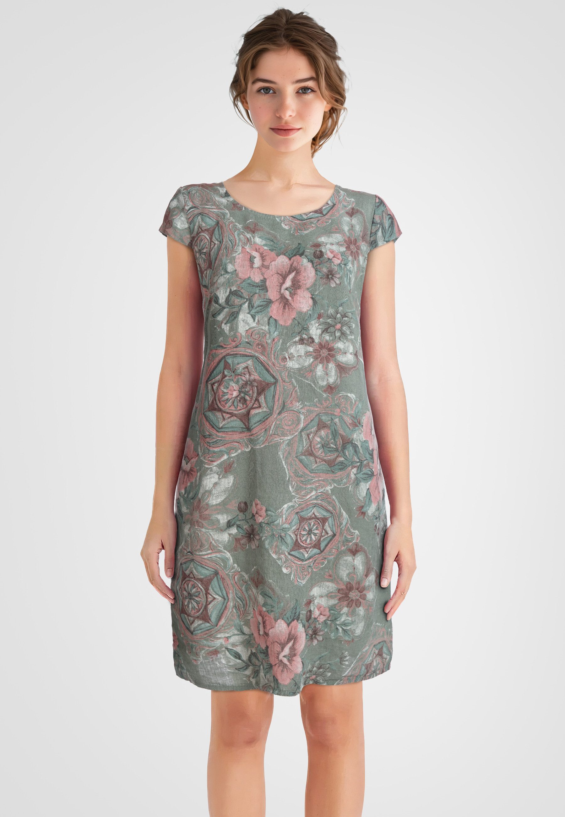 PEKIVESSA Sommerkleid Leinenkleid knielang kurzarm (A-Linie, 1-tlg) mit floralem Muster