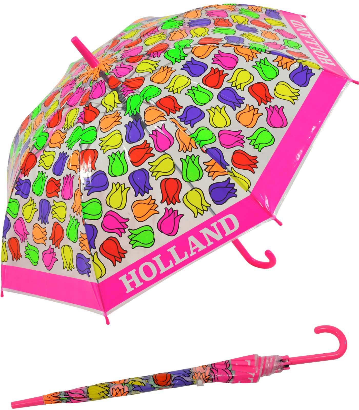 Impliva Langregenschirm Falconetti Kinderschirm bunt transparent - Tulpen, durchsichtig pink