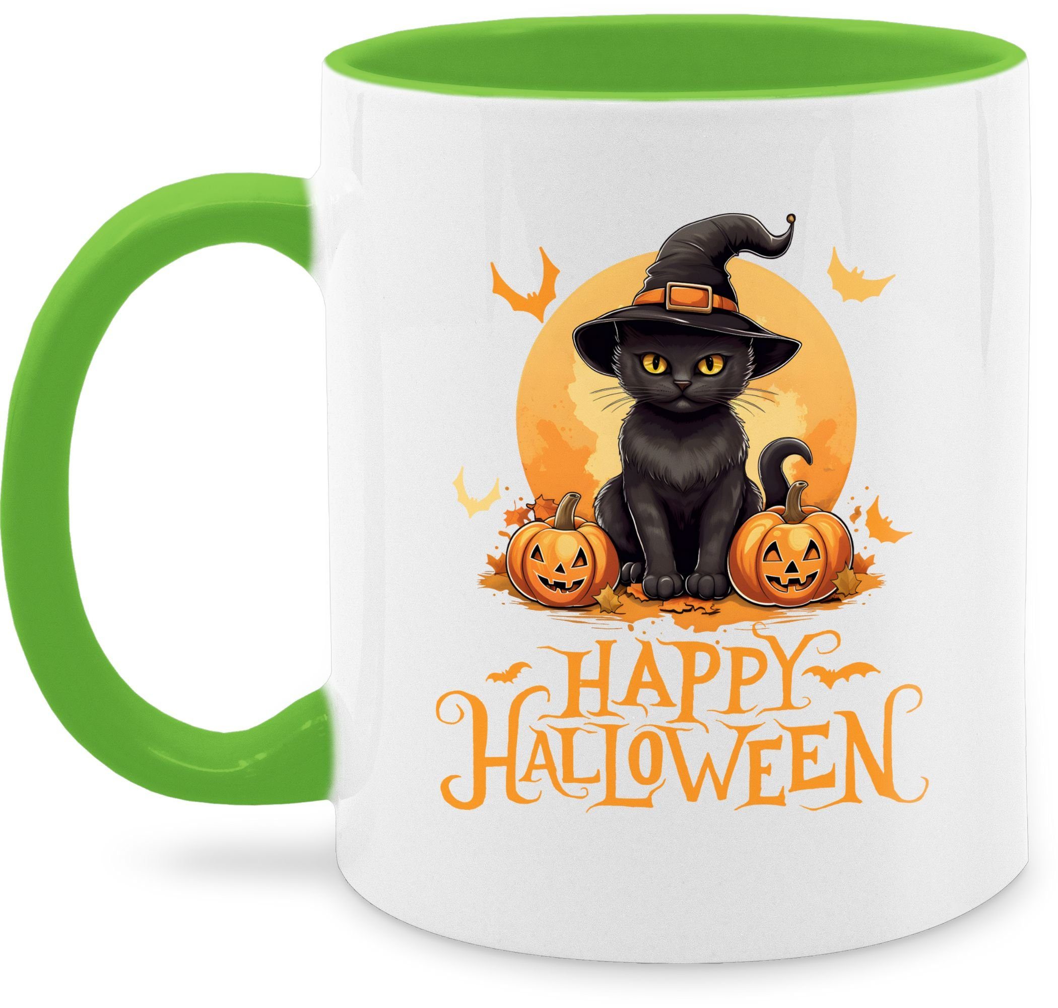 Shirtracer Tasse Happy Halloween Katze Hexenhut Lustig Katzenliebhaber Cat, Keramik, Halloween Tassen 3 Hellgrün