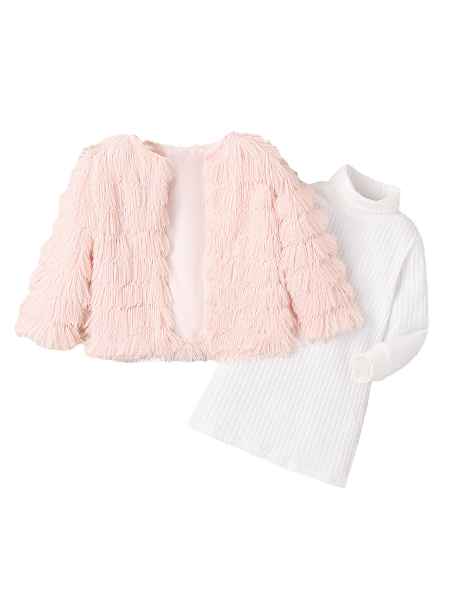 Herbst Partykleid LAPA Kinderanzug, (Set, Weißes eleganter Plüschjacke zweiteiliger und Strickkleid 2-tlg) Mädchen für rosa Anzug Winter