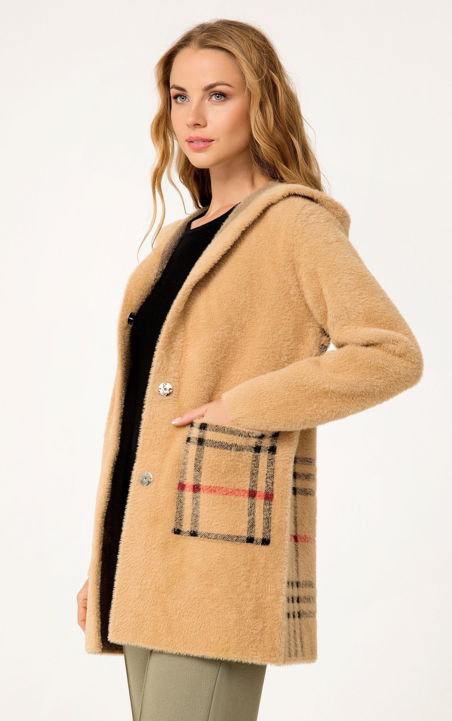 Passioni Wintermantel Mittellanger Strickmantel mit Karomuster günstig online kaufen