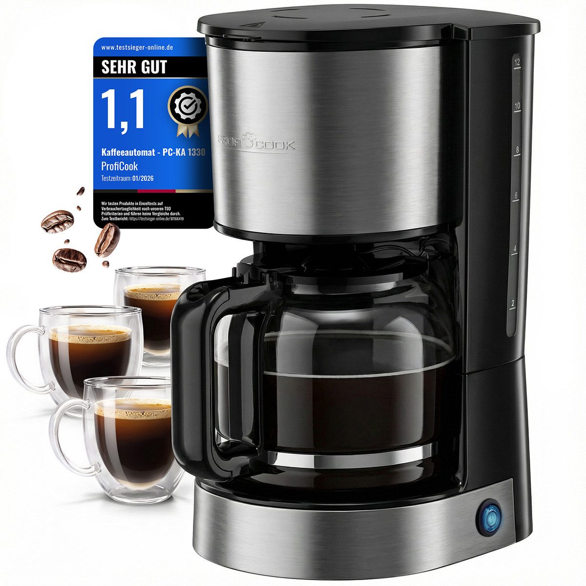 ProfiCook Filterkaffeemaschine PC-KA 1330, Filterkaffeemaschine m. Glaskanne für 12-14 Tassen