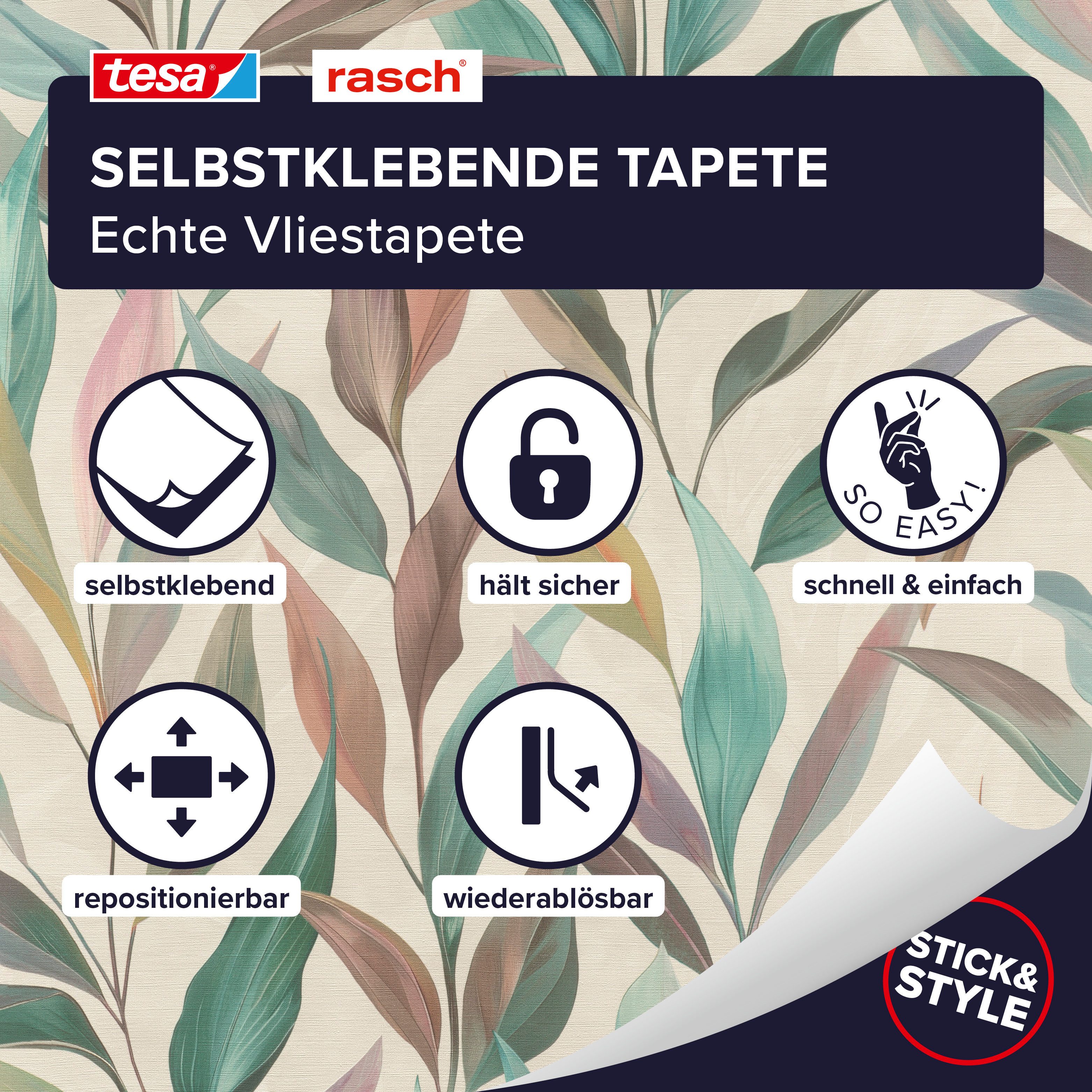 Rasch Vliestapete Fiesta - Selbstklebende Tapete Blätter von tesa® x rasch®, strukturiert, botanisch, floral, (1 St), selbstklebend, 6,00m x 0,53m
