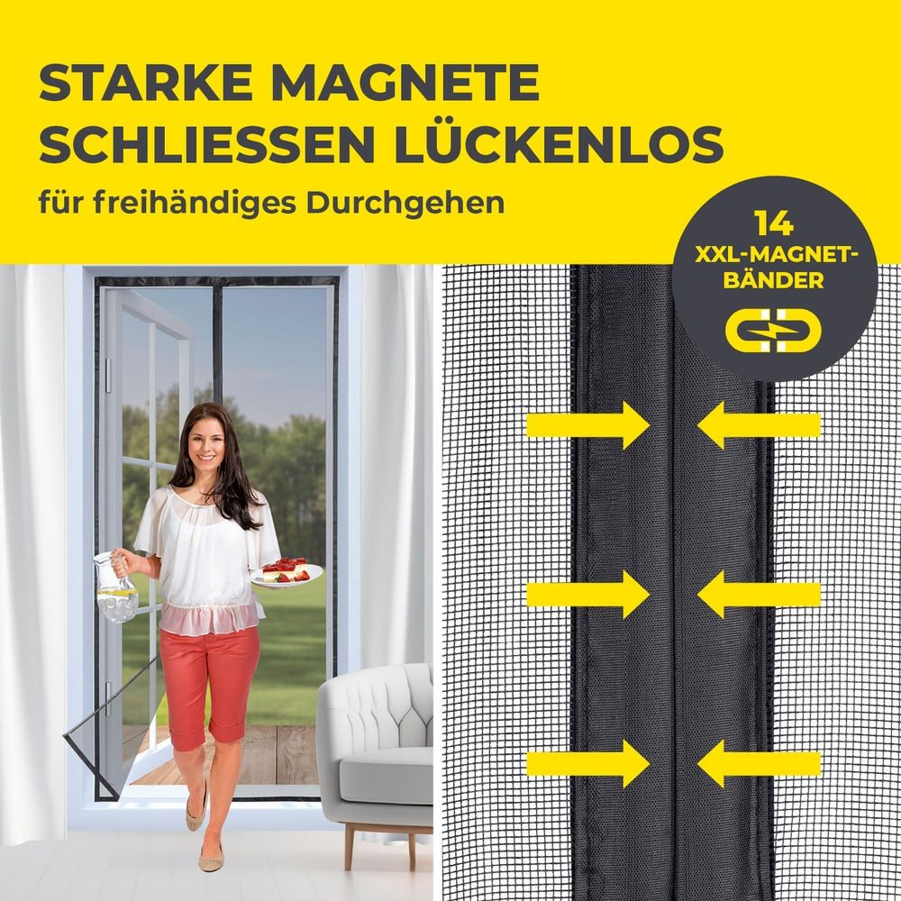 EASYmaxx Insektenschutz-Tür Insektenschutzvorhang Mit eingenähten XXL-Magnetbändern, (1-St), für Türen mit selbstklebendem Klettband