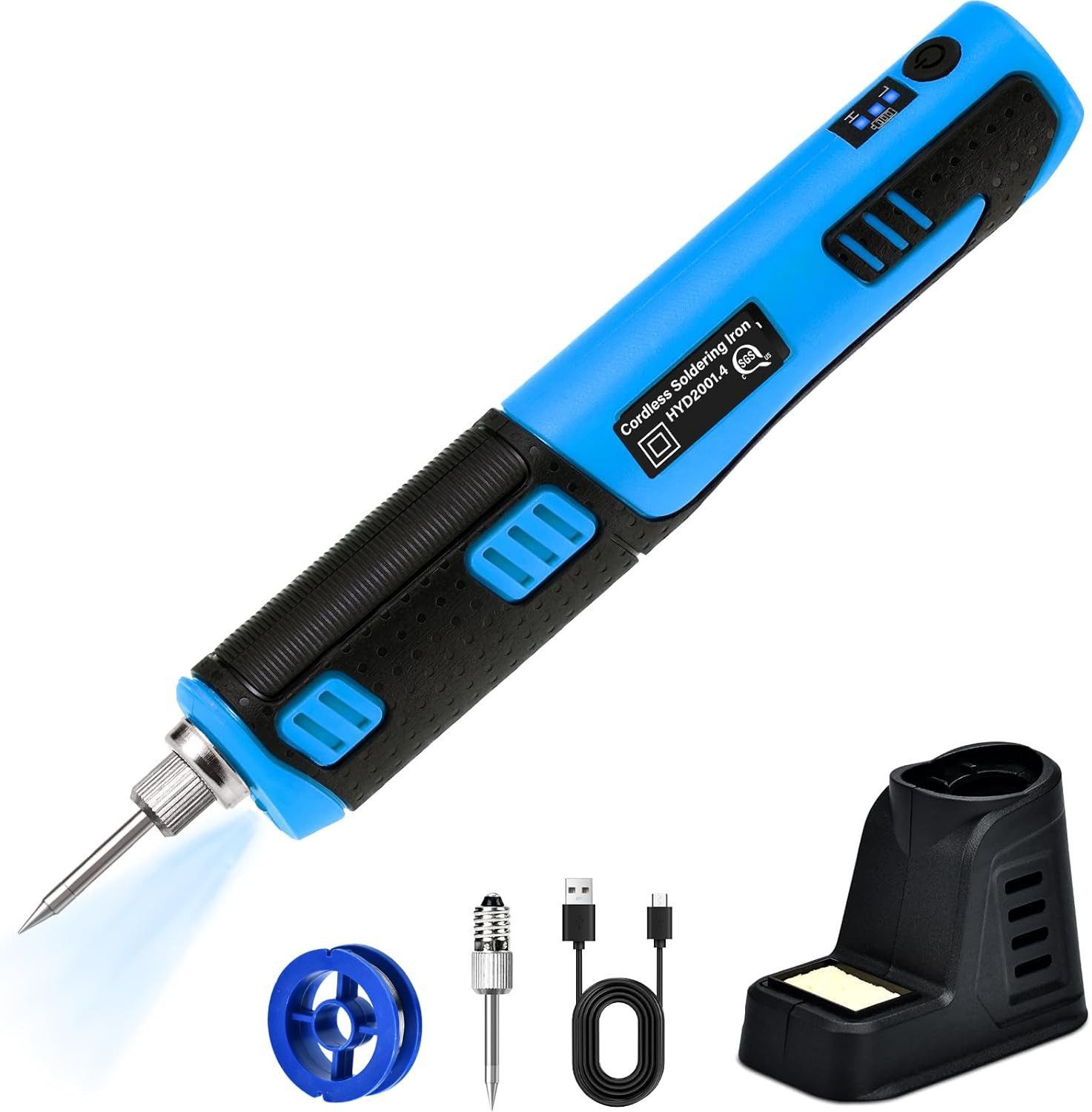 AIBISTAR Lötkolben 2000mAh Kabelloser Lötkolben,Tragbarer, max 450°C-25 Sek Aufheizzeit, max. 450 °C, Manuelle Bedienung, set, mit Lötsockel e 2 Ersatz Lötspitze, max. 450 °C, Manuelle Bedienung,Pinzette für Anfänger und Profis