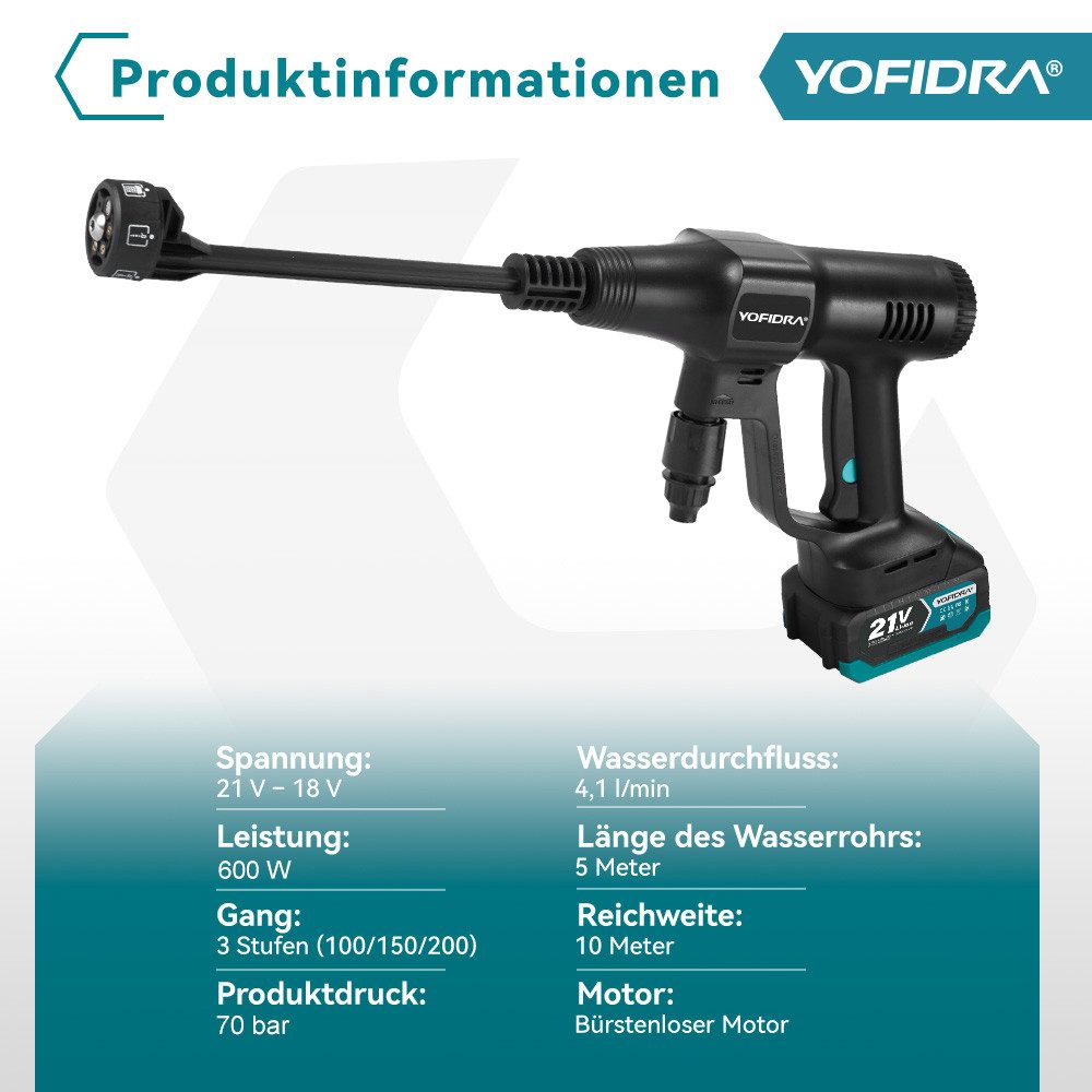 Yofidra Akku-Hochdruckreiniger 70 bar mobiler Hochdruckreiniger mit 2 Akkus und 22-Liter-Eimer, Druck max: 70 bar, 600 W, Fördermenge max: 246 l/h, Auto-Hochdru – Bild 4 von 5