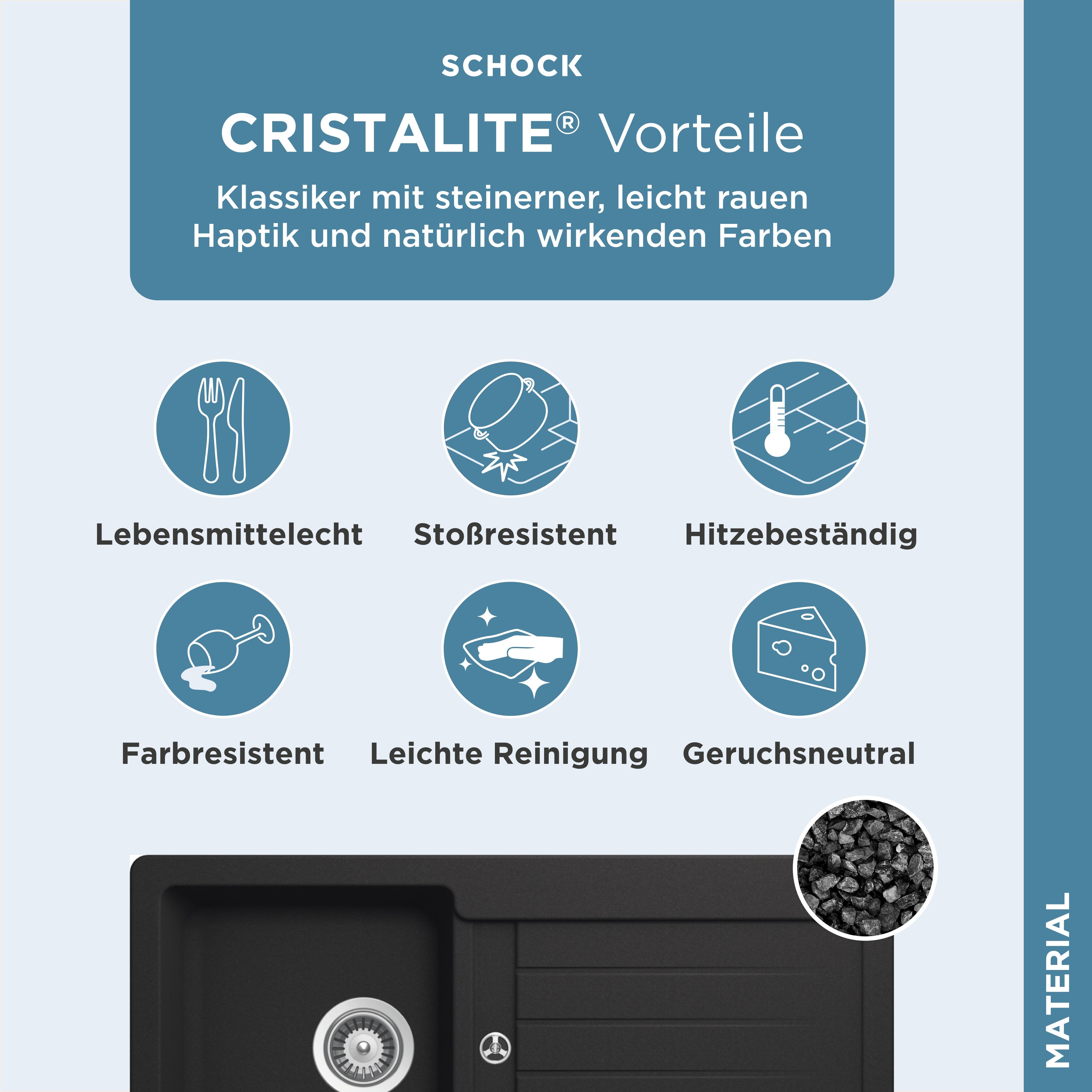Schock Granitspüle Typos D-100 S, rechteckig, 86/43,5 cm, mit Ablauf und Abtropffläche, links und rechts einbaubar