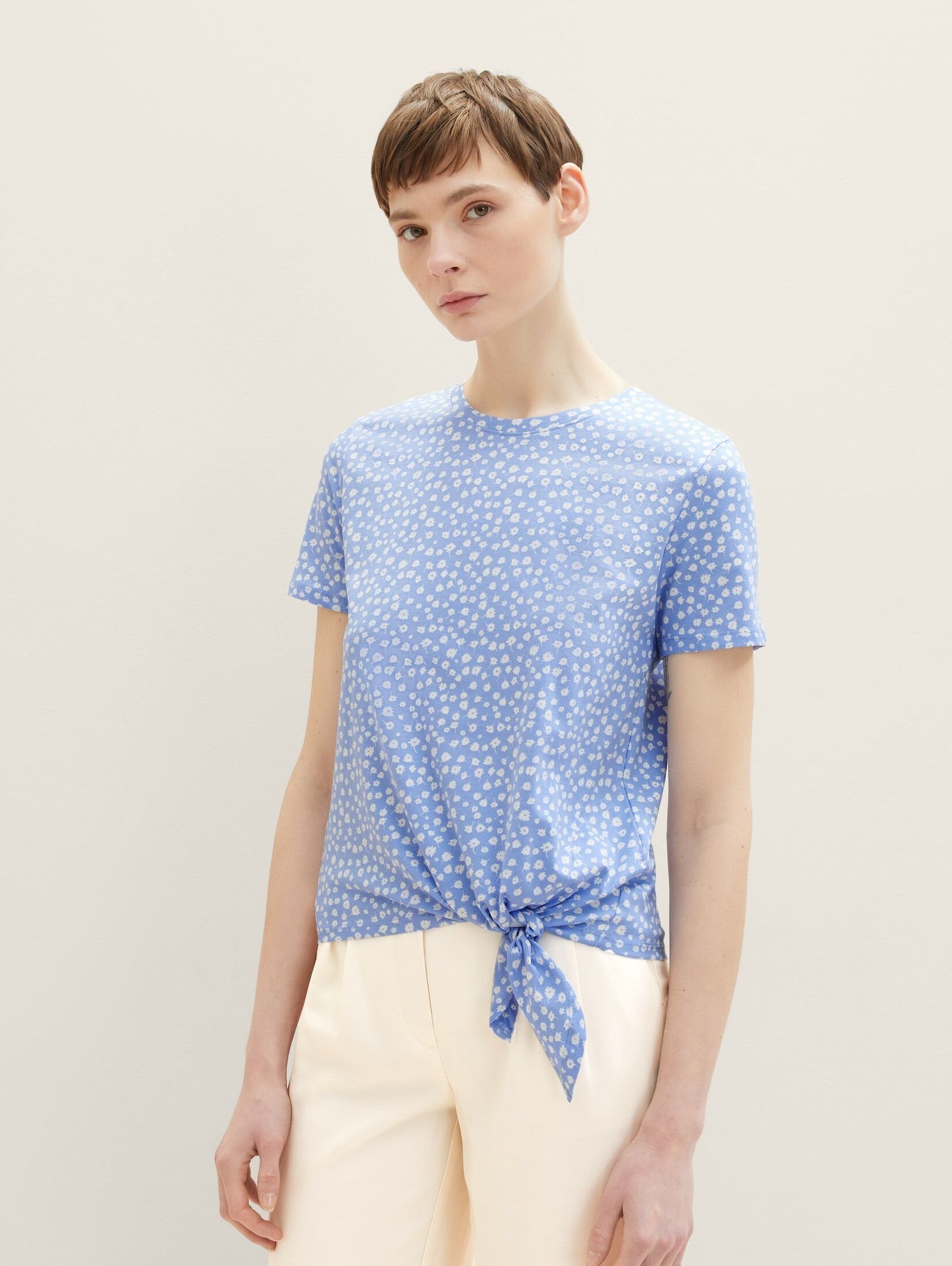 print light TOM T-Shirt Knotendetail flower blue Denim Langarmshirt TAILOR mit