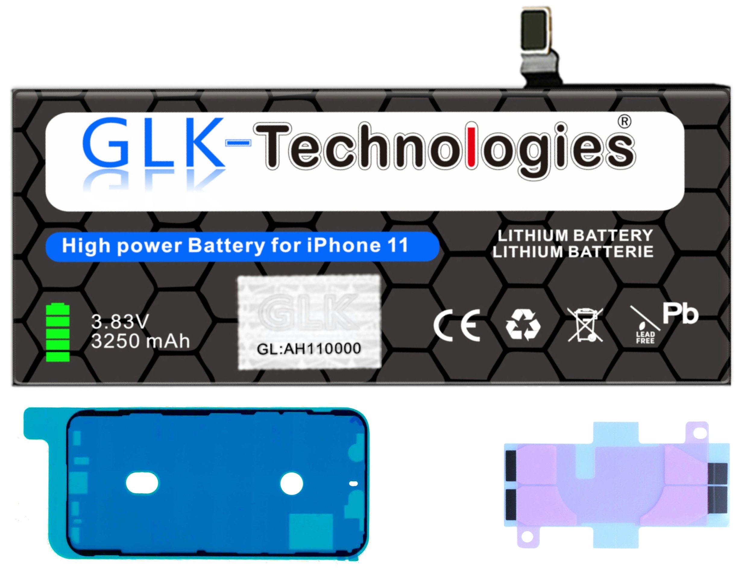GLK-Technologies High Power Ersatz Akku für Apple iPhone 11 inkl. 2X Klebebandsätze Smartphone-Akku 3250 mAh (3,8 V)