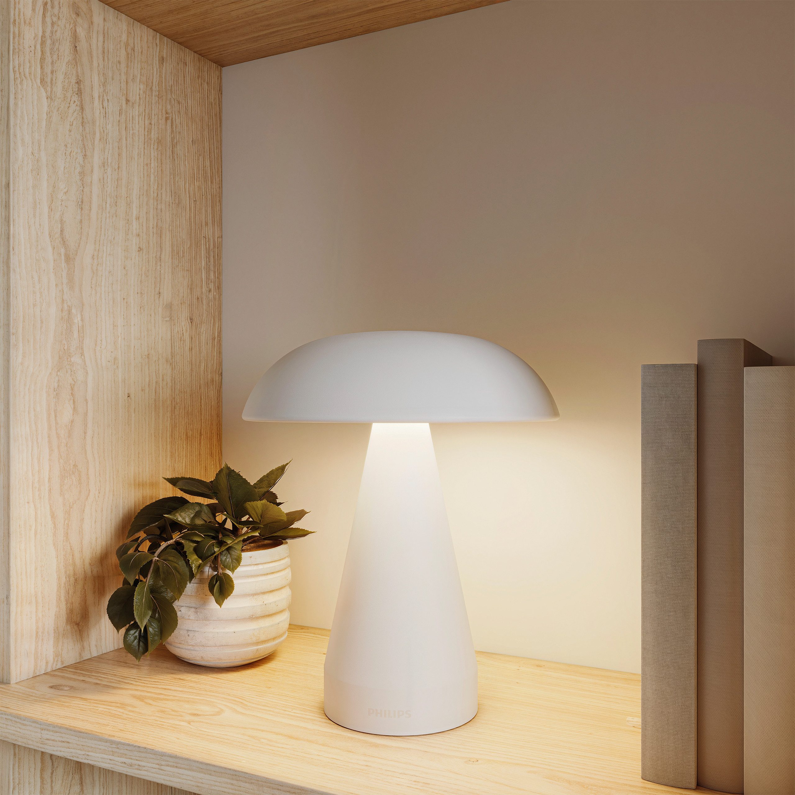 Philips LED Tischleuchte Mycena Pilzdesign, einstellbares Weißlicht, Touch-Dimmer, CCT - über Fernbedienung, Dimmer, Dimmfunktion, USB-Anschluss mit Ladefunktion, mehrere Helligkeitsstufen, LED fest integriert, warmweiß - kaltweiß, 150 lm, Akku 1800 mAh