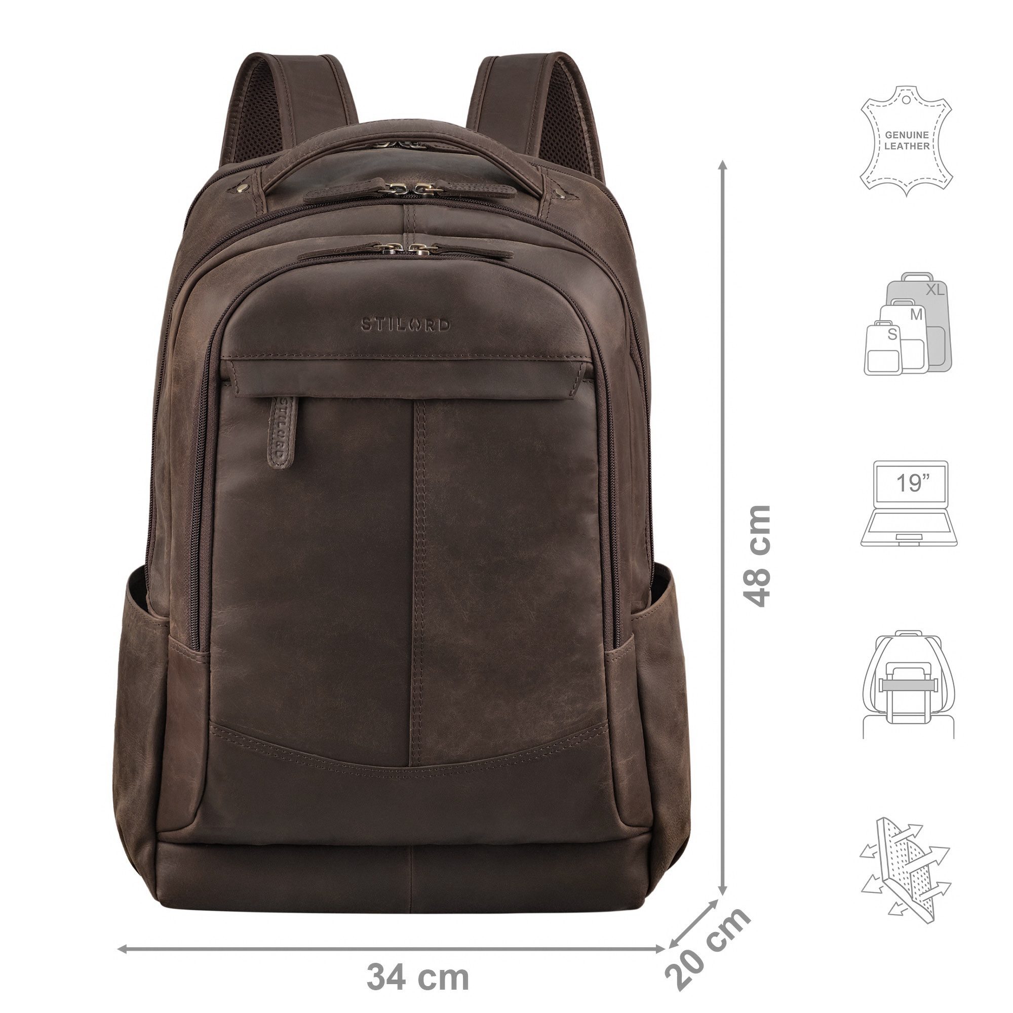 STILORD Notebookrucksack "Maxim" Premium XL Business Rucksack Leder mit Laptopfach 17 - 19 Zoll