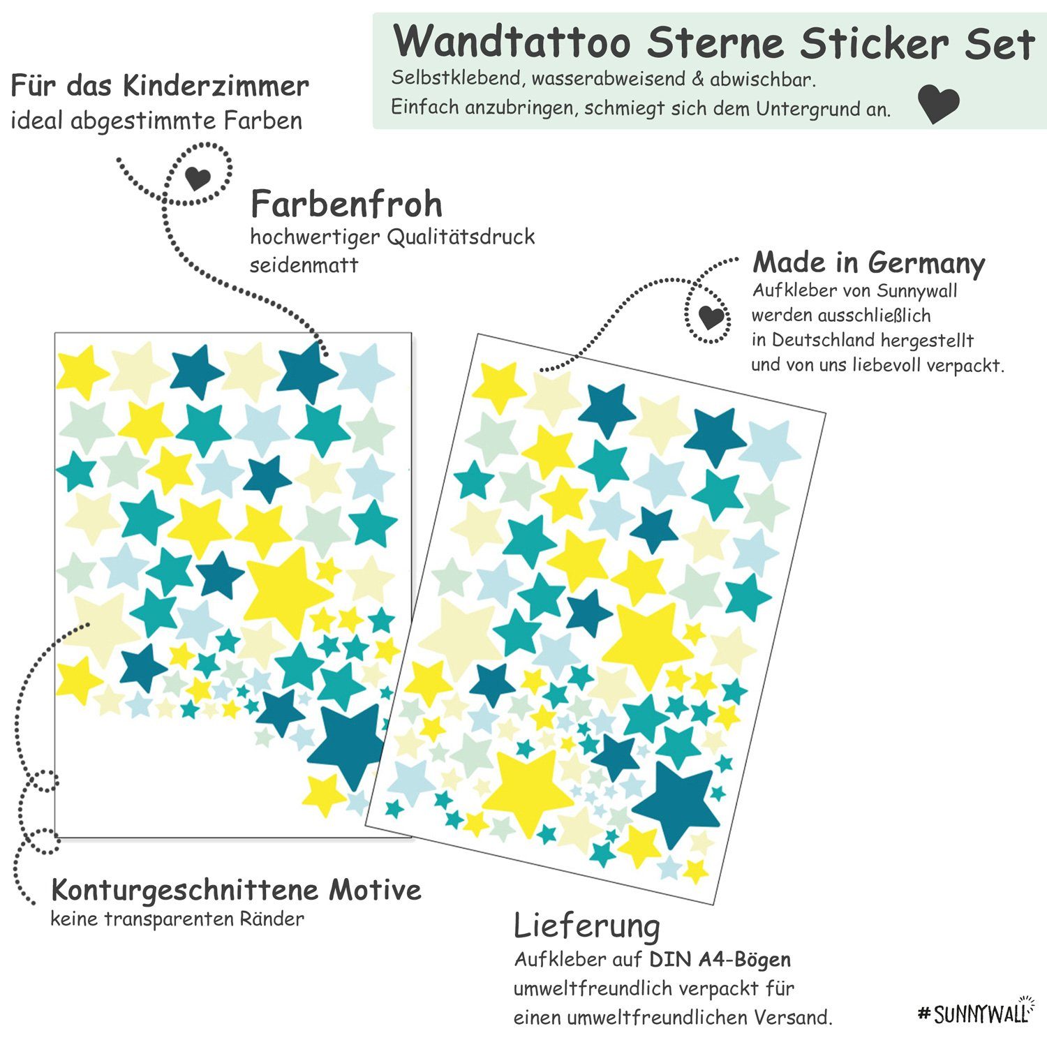 Sunnywall Wandtattoo Sterne Aufkleber Stars Wandsticker bunt, Sternenhimmel Wandtattoo, konturgeschnitten