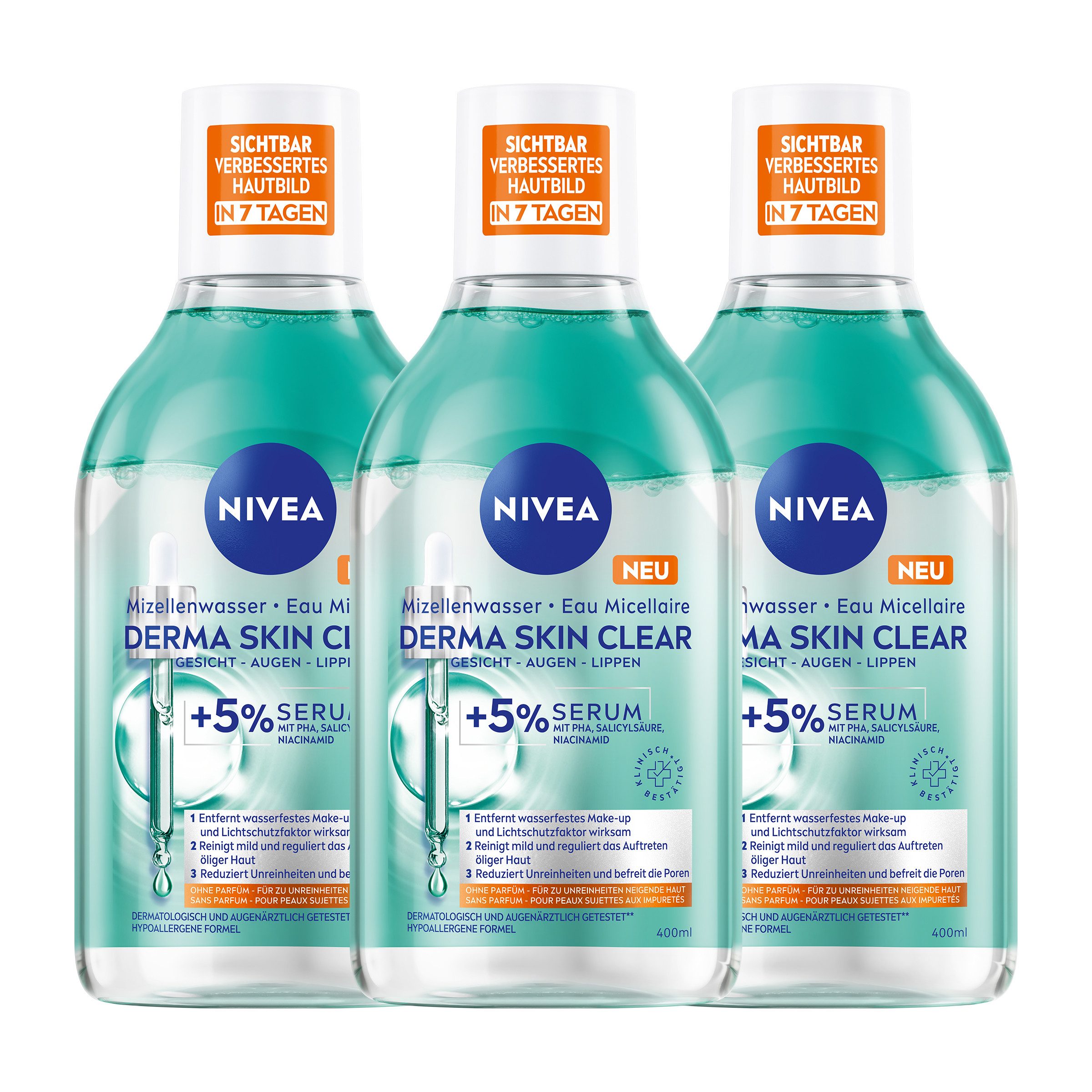 Nivea Gesichtswasser Mizellenwasser Derma Skin Clear 3 x 400ml, 3-tlg., beseitigt Pickel, Mitesser & fettige/ölige Haut