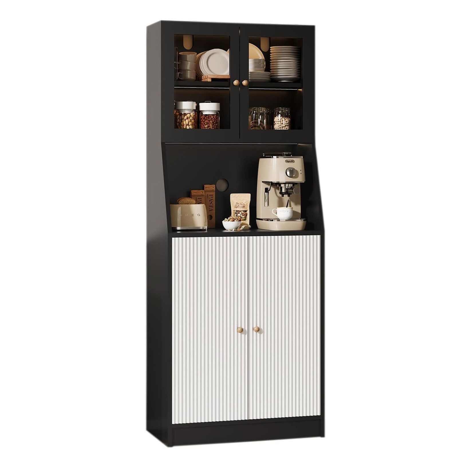 FUROKOY Küchenbuffet Hochschrank mit 4 Türen, Mehrzweckschrank (Packung, 1-St., Küchenschrank mit Verstellbaren Regalen) für Esszimmer, Küche, Wohnzimmer, 180 x 70 x 40 cm, Schwarz