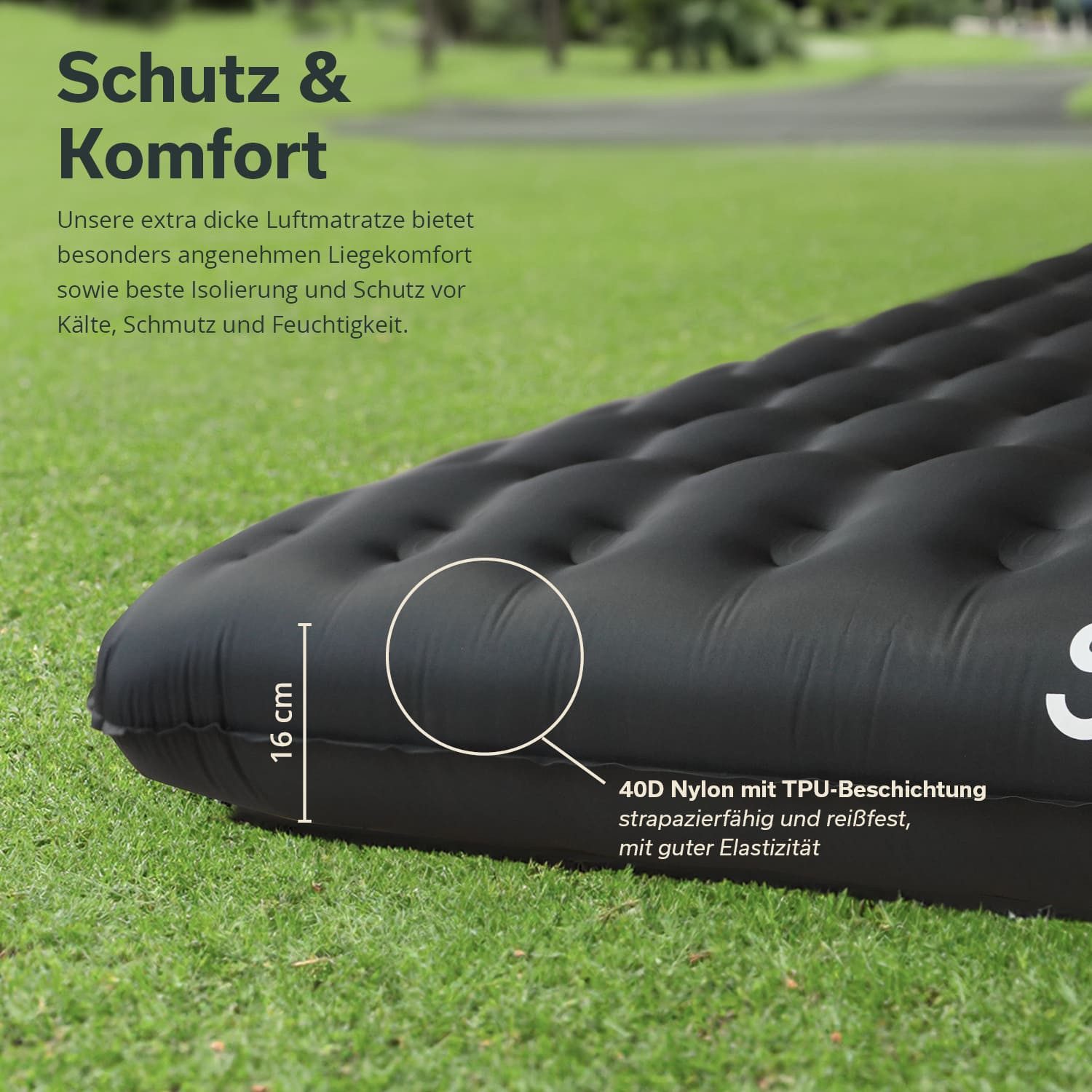 Skandika Isomatte Elite Air Double, Aufblasbare Luftmatratze für 2 Personen, ultraleicht, (Strapazierfähig, reißfest, wasserabweisend, atmungsaktiv), kleines Packmaß, leistungsstarkes Ventil, 16 cm Höhe, Tragetasche