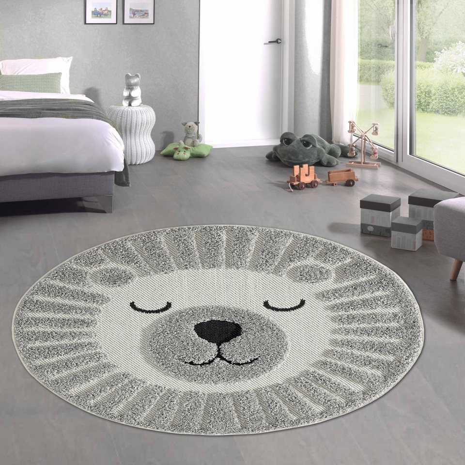 Teppich Runder Kinderteppich flauschig – schlafender Bär – in grau,  Carpetia, rund, Höhe: 12 mm