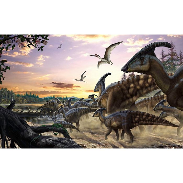 Komar Fototapete Parasaurolophus Herde glatt Comic Retro bedruckt mehrfarbig BxH: 450x280 cm