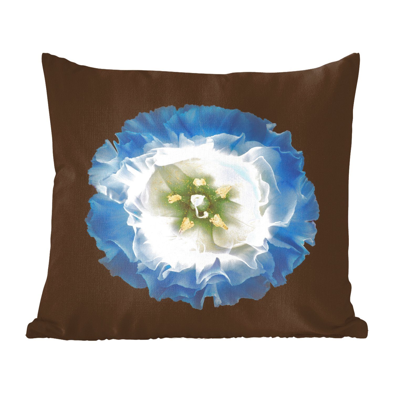 MuchoWow Dekokissen Eine Nahaufnahme einer blauen Blume auf schwarzem Hintergrund, Zierkissen mit Füllung für Wohzimmer, Schlafzimmer, Deko, Sofakissen