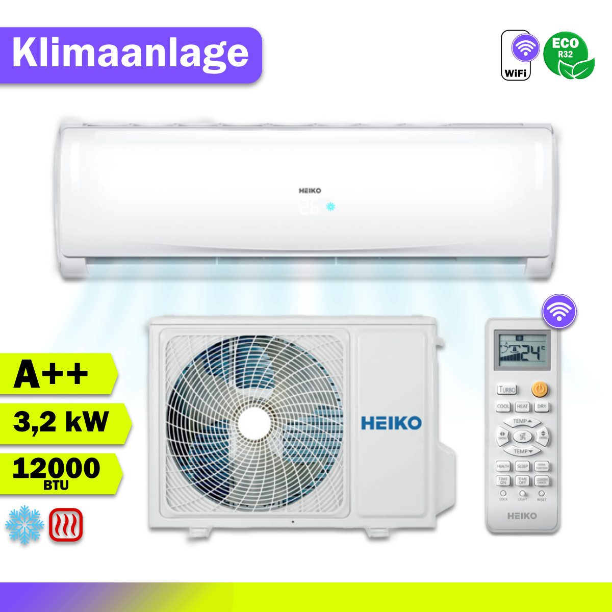 HEIKO Split-Klimagerät HEIKO BRISA Split-Klimaanlage Wandgerät 3,2kW