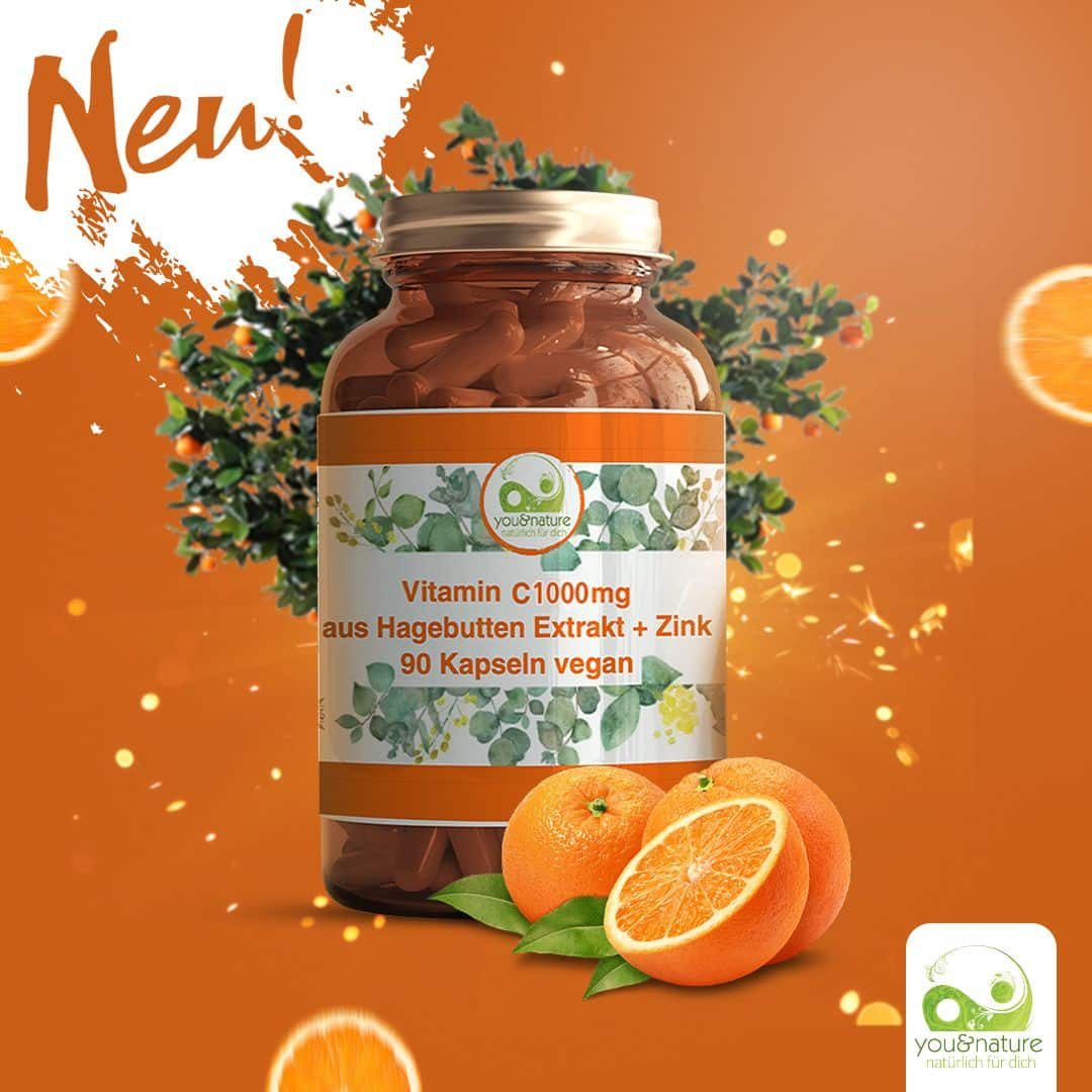 Vitamin C 1000 mg 90 Kapseln aus Hagebutten Extrakt + Zink vegan Kapseln