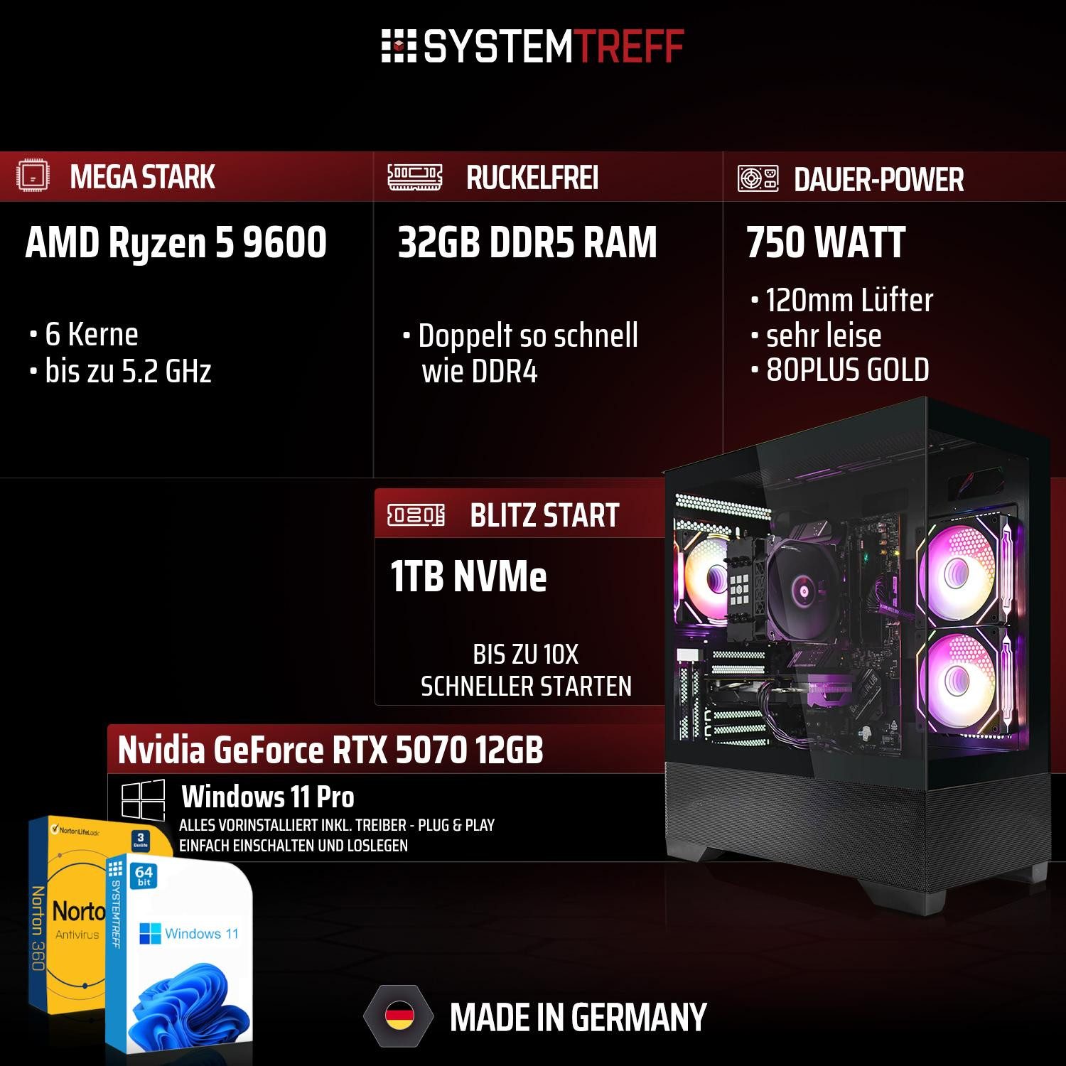SYSTEMTREFF AMD Ryzen 5 9600 mit Nvidia GeForce RTX 5070 12GB Gaming-PC-Komplettsystem (24", AMD 9600 9600, Nvidia GeForce RTX 5070, 32 GB RAM, 1000 GB SSD)