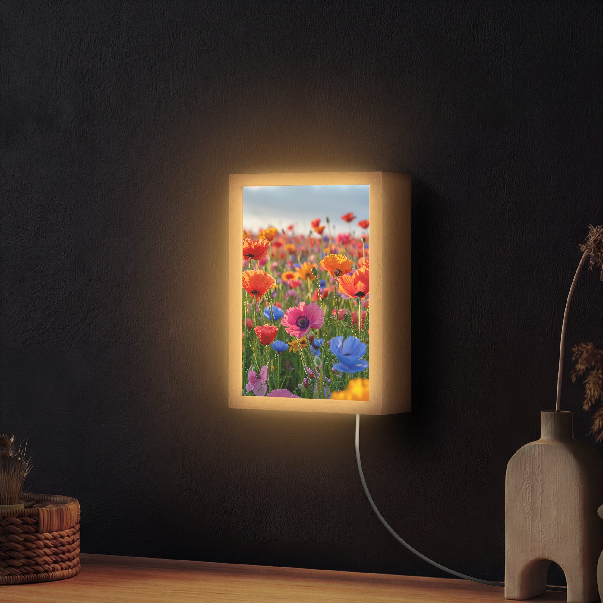 OnlyWow Wandleuchte Lightbox Blumen - Mohnblumen - Farbenfroh - Natur, Dimmbar, Farbwechsel, LED, Warmweiß, Kaltweiß, Neutralweiß Einstellbar, Wandlampe Innen, Dimmbar, mit Kabel, LED, Beleuchtung, Wohnzimmer
