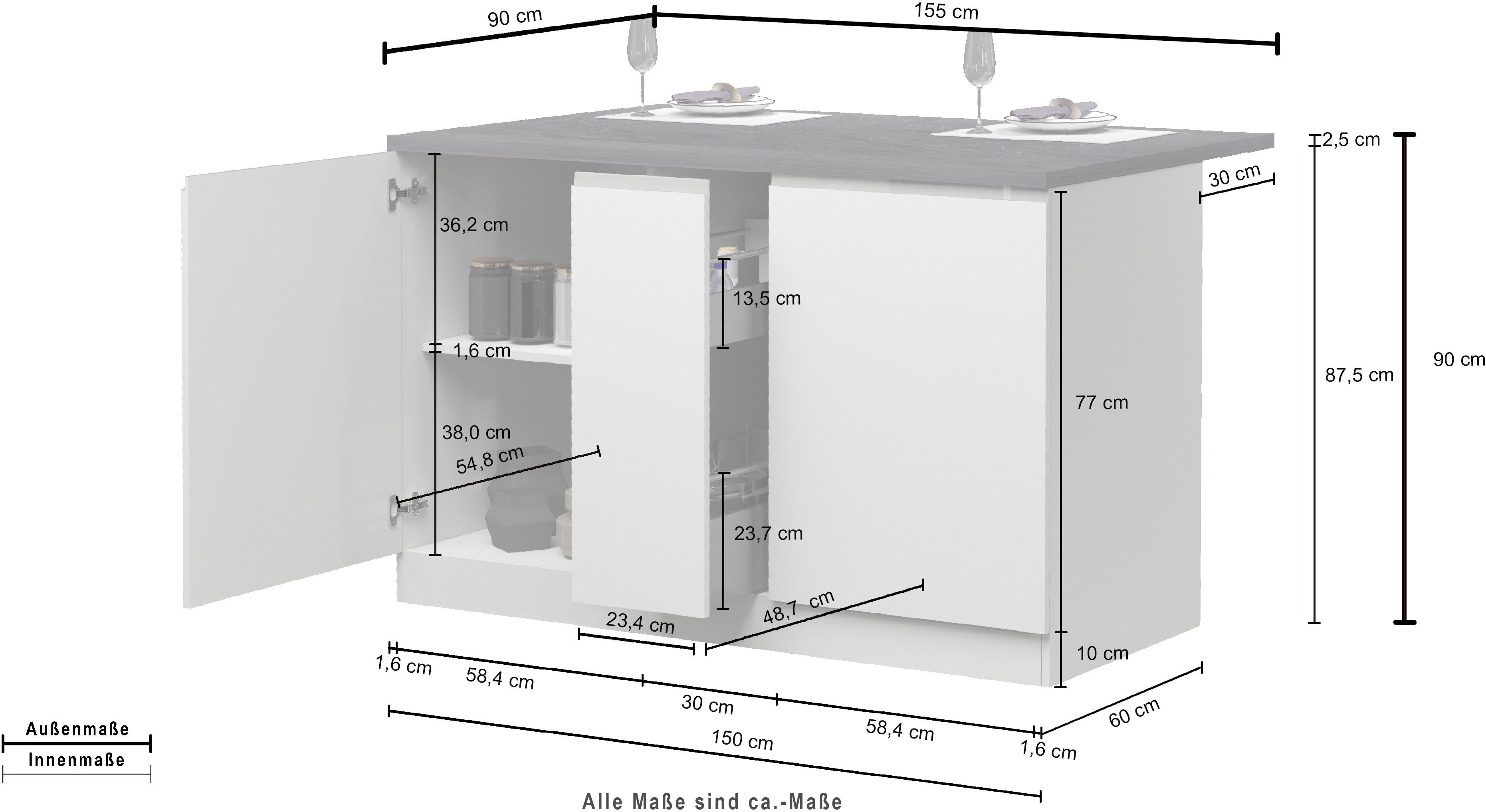 KOCHSTATION Kücheninsel KS-Sole,Kochinsel,Küchenarbeitsblock,Inselküche,Arbeitsinsel, Breite 155 cm, mit Apothekerauszug, gedämpfte Türen