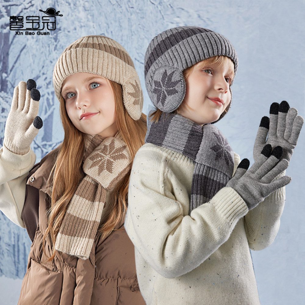 Blusmart Mütze & Schal Kinder Herbst/Winter Dreiteiliges Set aus Mütze, Schal und Handschuhen (Nackenschutz, Wärme und Windschutz, Weich und zart, farbecht und pillingfrei) Geeignet für Kinder von 4 bis 12 Jahren, Unisex.