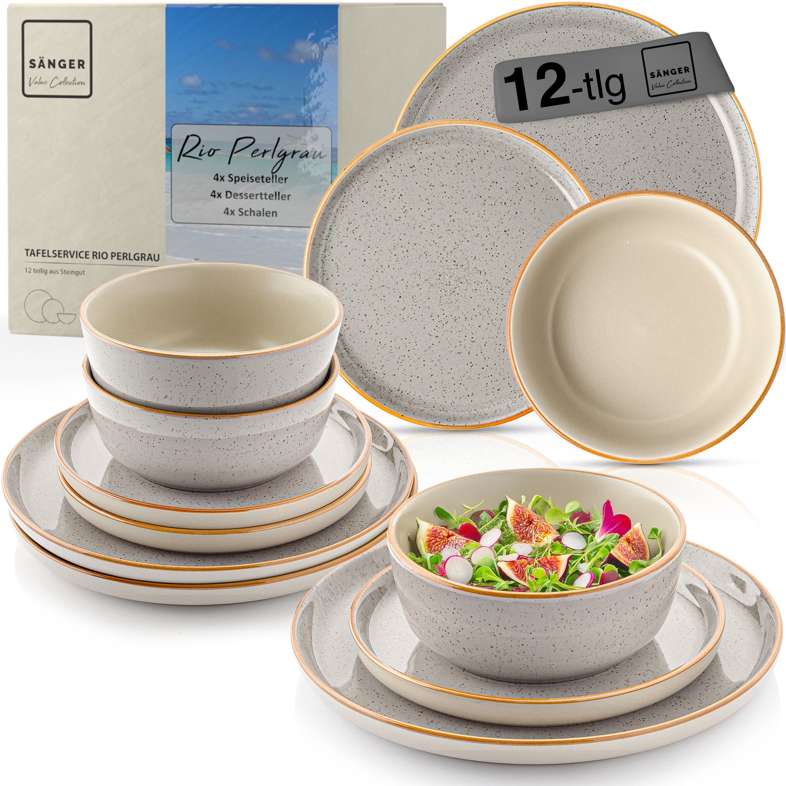SÄNGER Tafelservice Rio Geschirrset (12-tlg), 4 Personen, Steingut, Handmade, Grau, Erweiterbar, VALUE COLLECTION