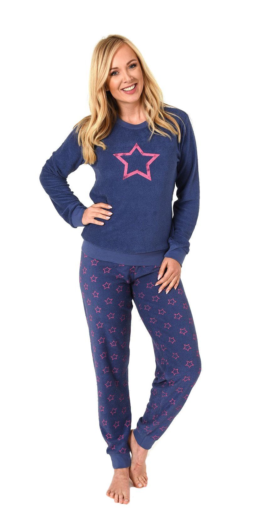 RELAX by Normann Pyjama Damen Frottee Pyjama langarm Schlafanzug mit Bündchen + Sterne Optik blau