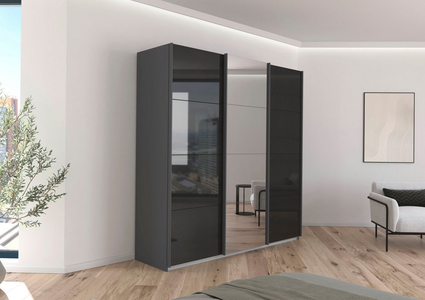 OTTO home Schwebetürenschrank Kleiderschrank Schrank Schlafzimmerschrank Garderobe AGORDO (Breiten 203/271/315/360 cm in drei Griff-Farben - NEU: Farbe SCHWARZ) Top Innenausstattung, in 4 Breiten und 2 Höhen MADE IN GERMANY