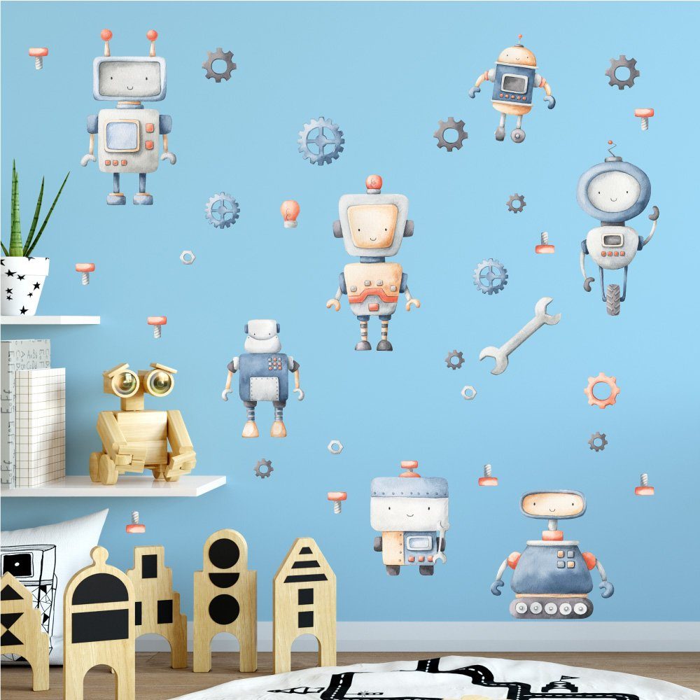 Sunnywall Wandtattoo Roboter - Wandtattoo Kinderzimmer Baby Wandaufkleber (6 St), konturgeschnitten
