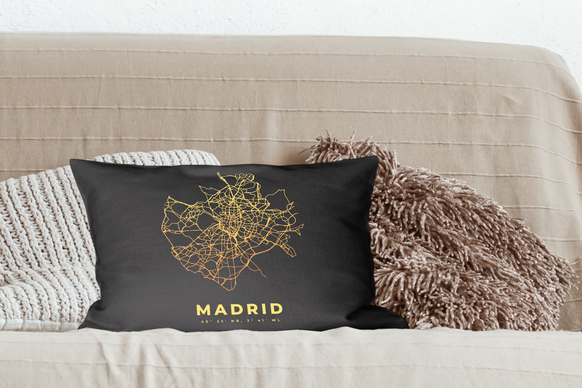 Wohzimmer Dekoration, MuchoWow Gold, - Madrid Karte Dekokissen mit Füllung, Schlafzimmer Spanien - Dekokissen Zierkissen, -