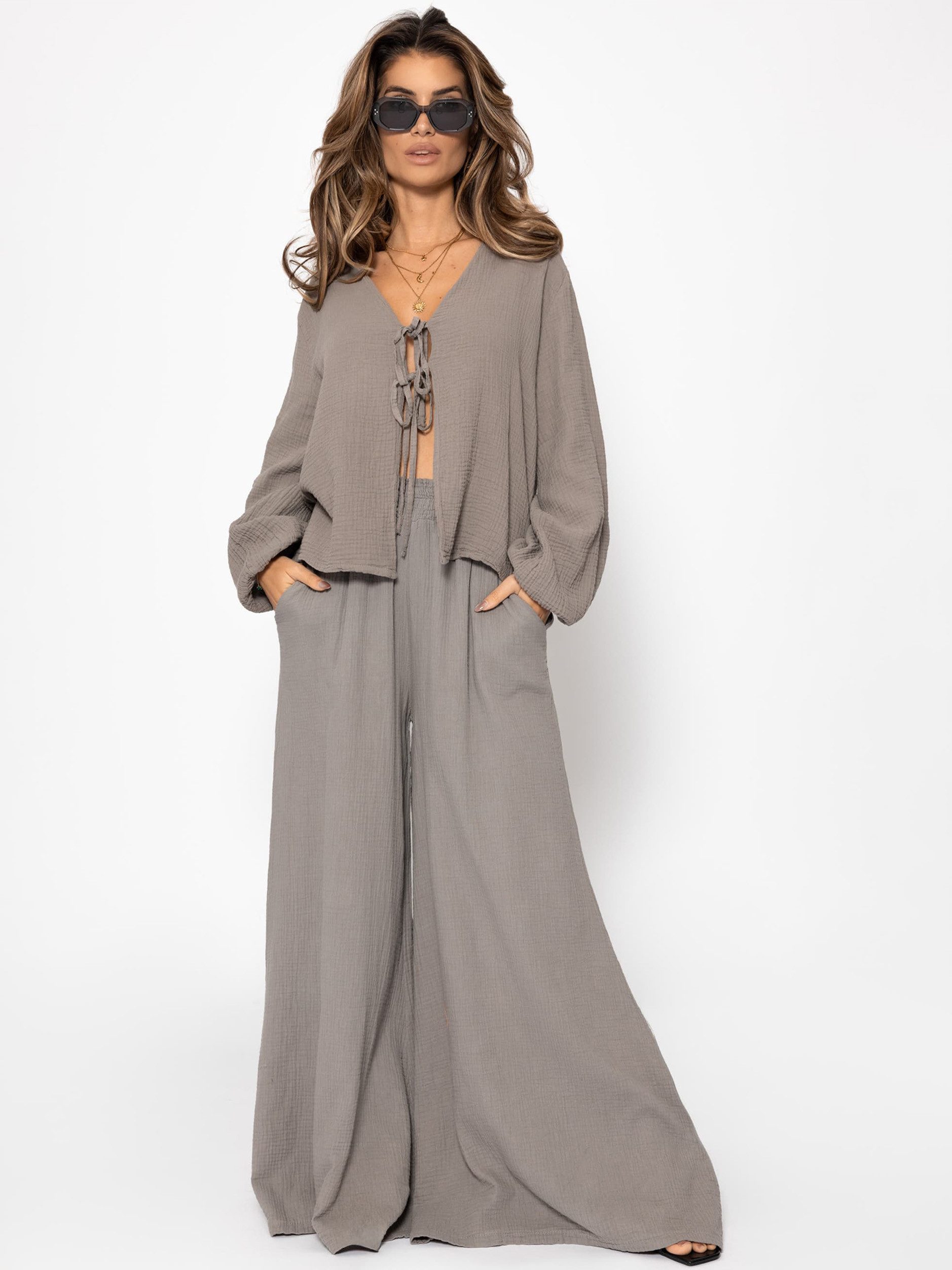 SASSYCLASSY Blusenjacke Musselin Blusenjacke mit Bindebänder Damen Leichte Baumwollbluse mit V-Ausschnitt und leichten Ballonärmeln – Bild 3 von 5