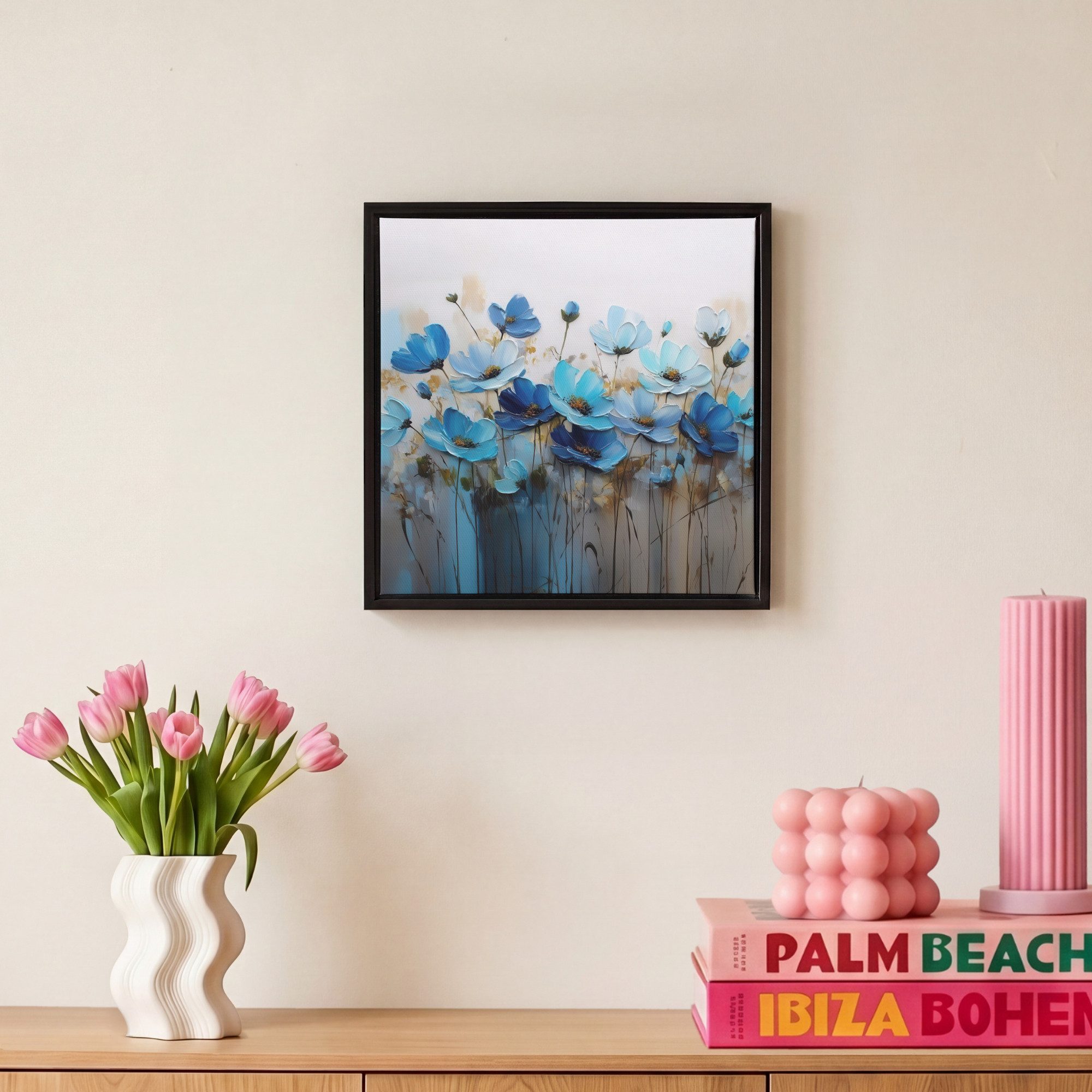 OneMillionCanvasses® Leinwandbild mit Rahmen - Blumen - Malerei - Blau, Fotodruck (1 St), Leinwand Bilder Klein, Wand Dekoration Aesthetic 20x20cm – Bild 4 von 5