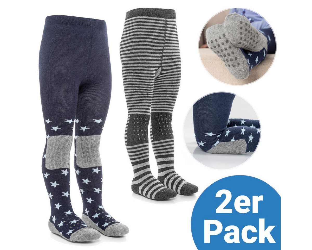 LaLoona Strumpfhose Sterne Marine & Streifen Grau 2x Baby Krabbelstrumpfhose mit ABS Sohle elastische Kinder Strumpfhose